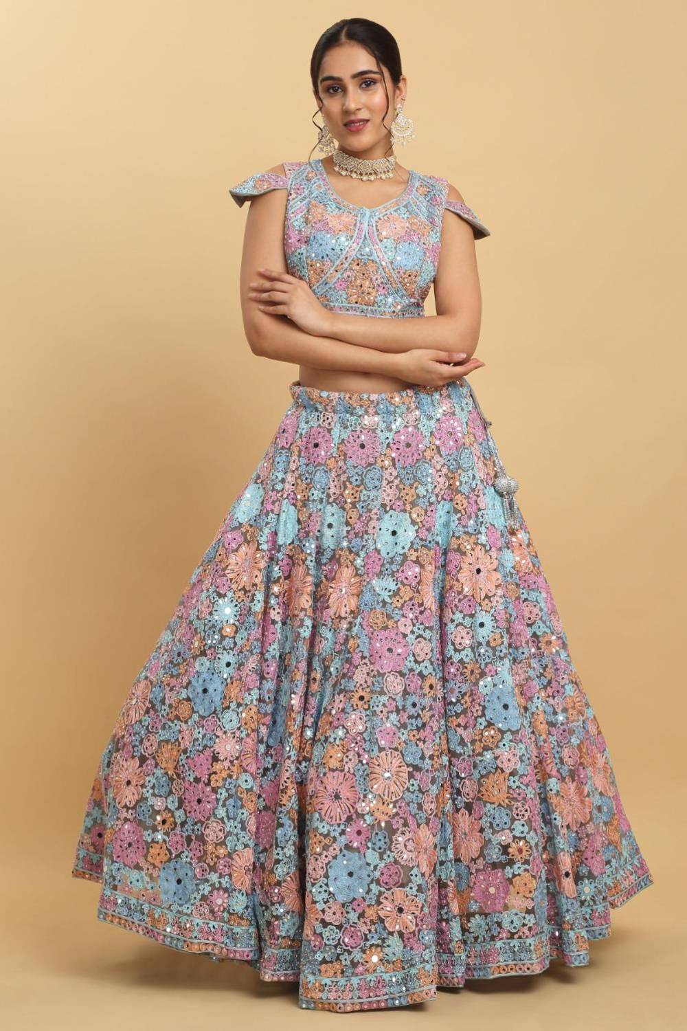 Bahaara  Thread And Mirror Embroidered Layered Lehenga Set
