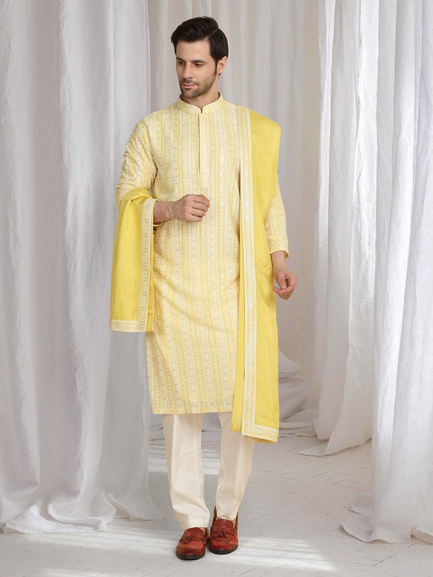 Prafull Yellow Cotton Embroidery Pastel Kurta Set