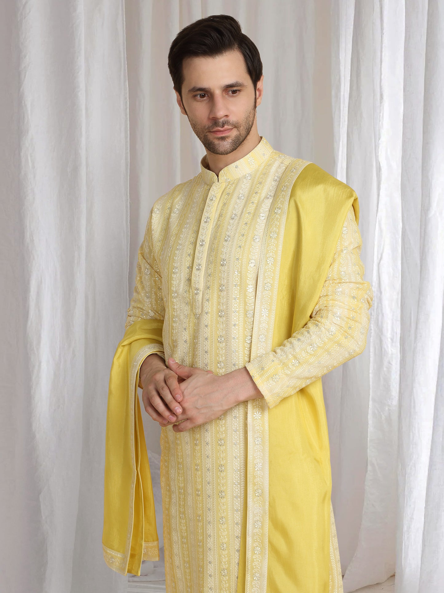 Prafull Yellow Cotton Embroidery Pastel Kurta Set