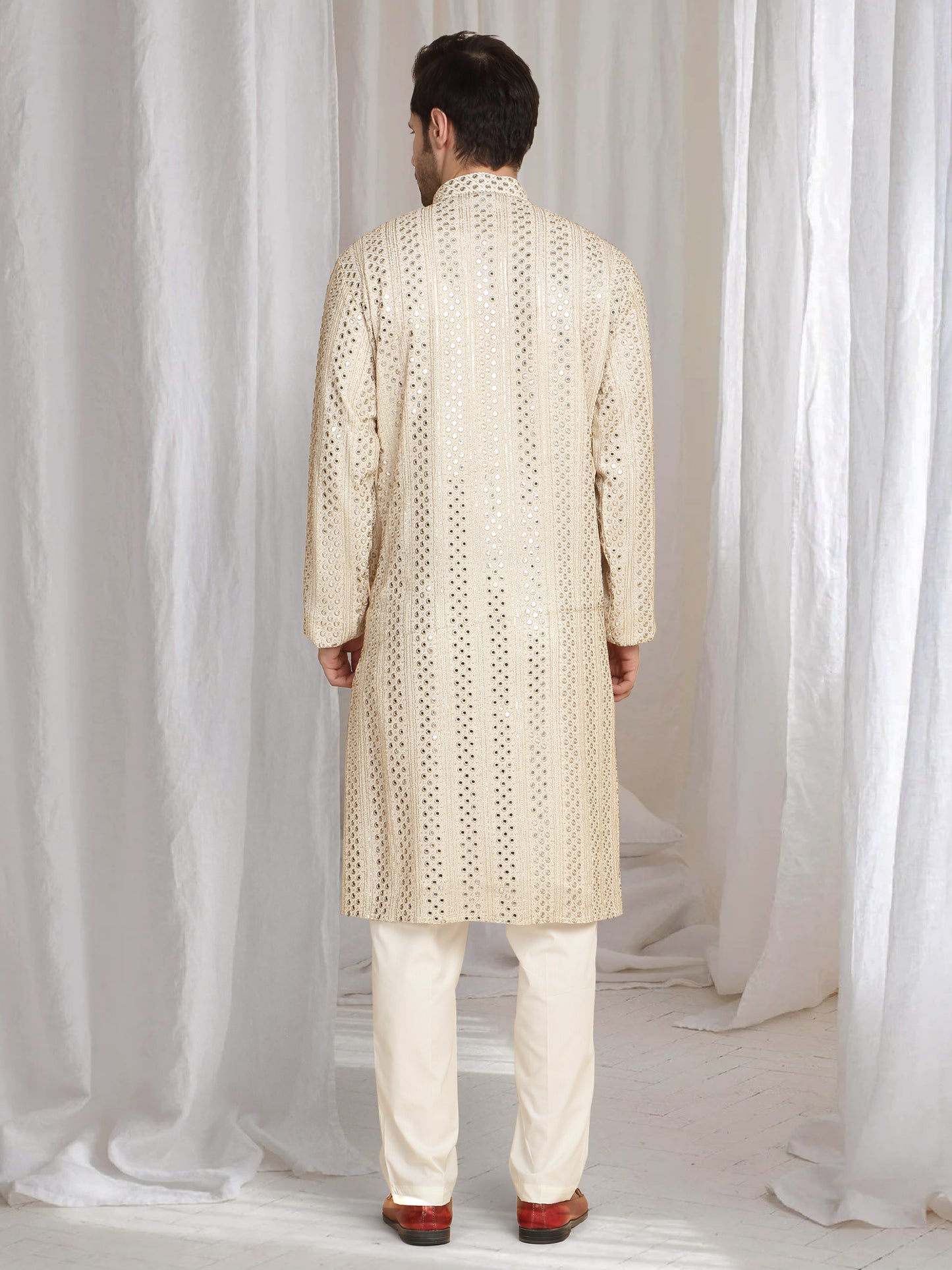 Rajaji Beige Cotton Zari Gold Thread Embroidered Kurta Set