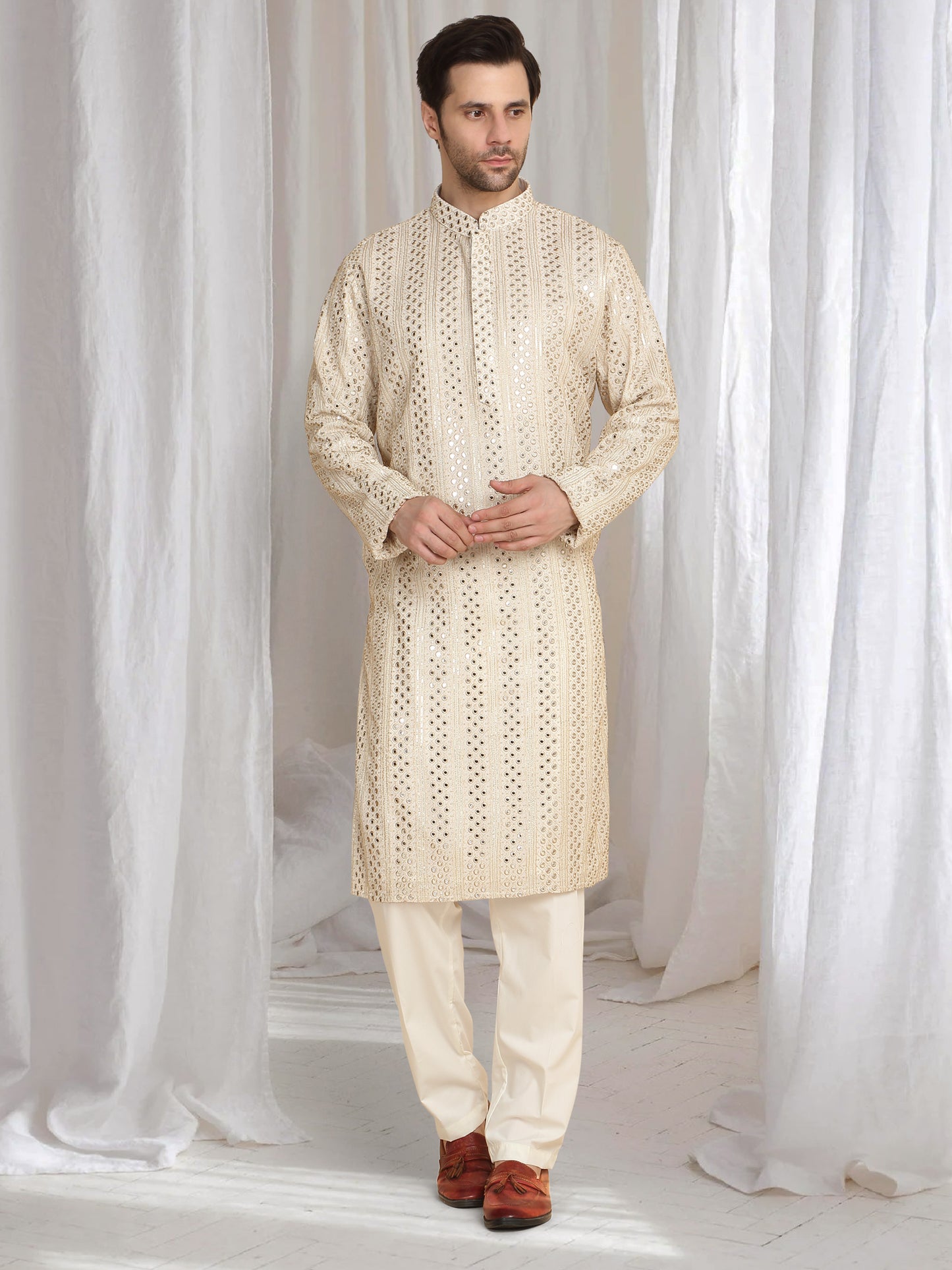 Rajaji Beige Cotton Zari Gold Thread Embroidered Kurta Set