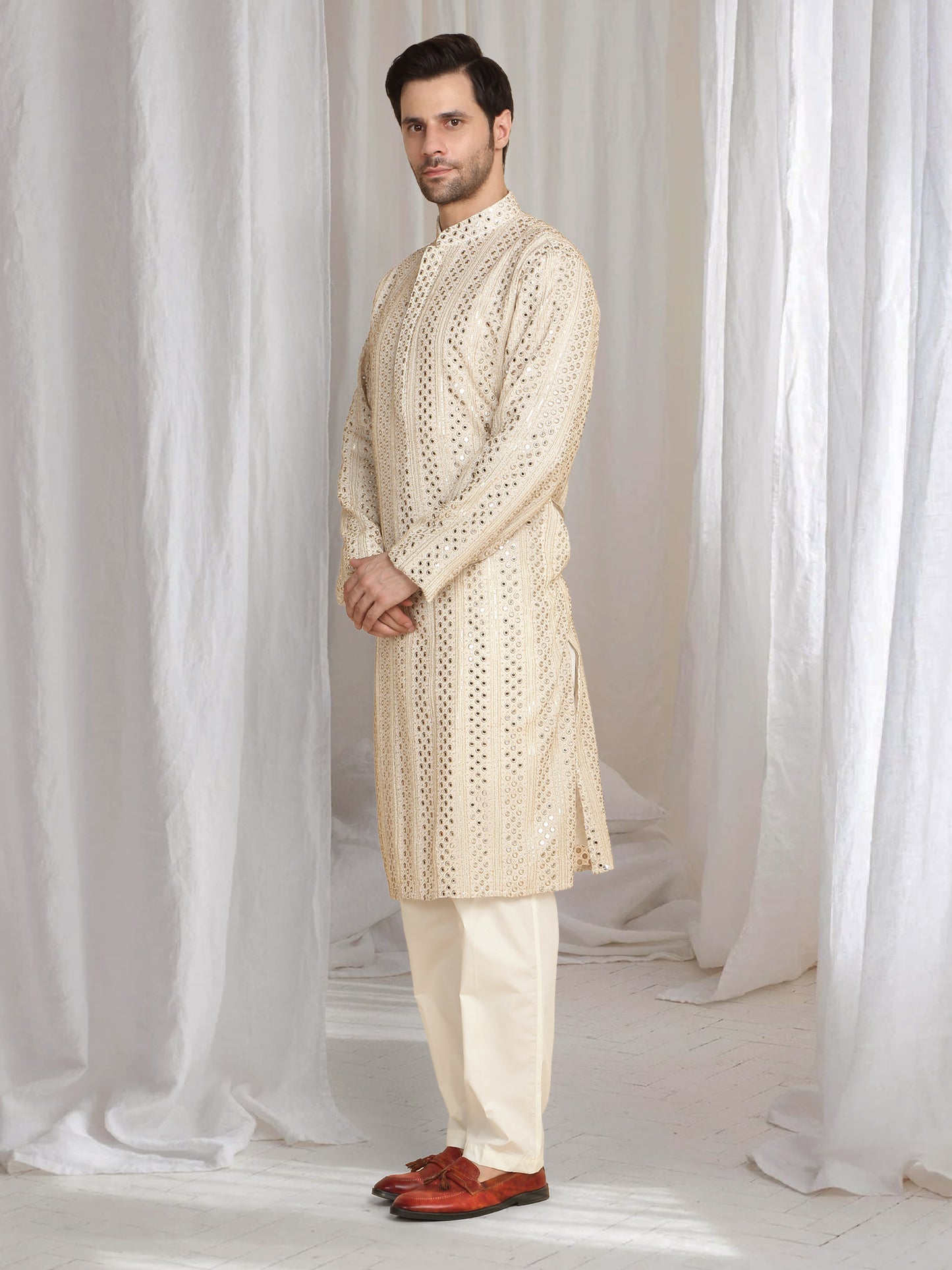 Rajaji Beige Cotton Zari Gold Thread Embroidered Kurta Set