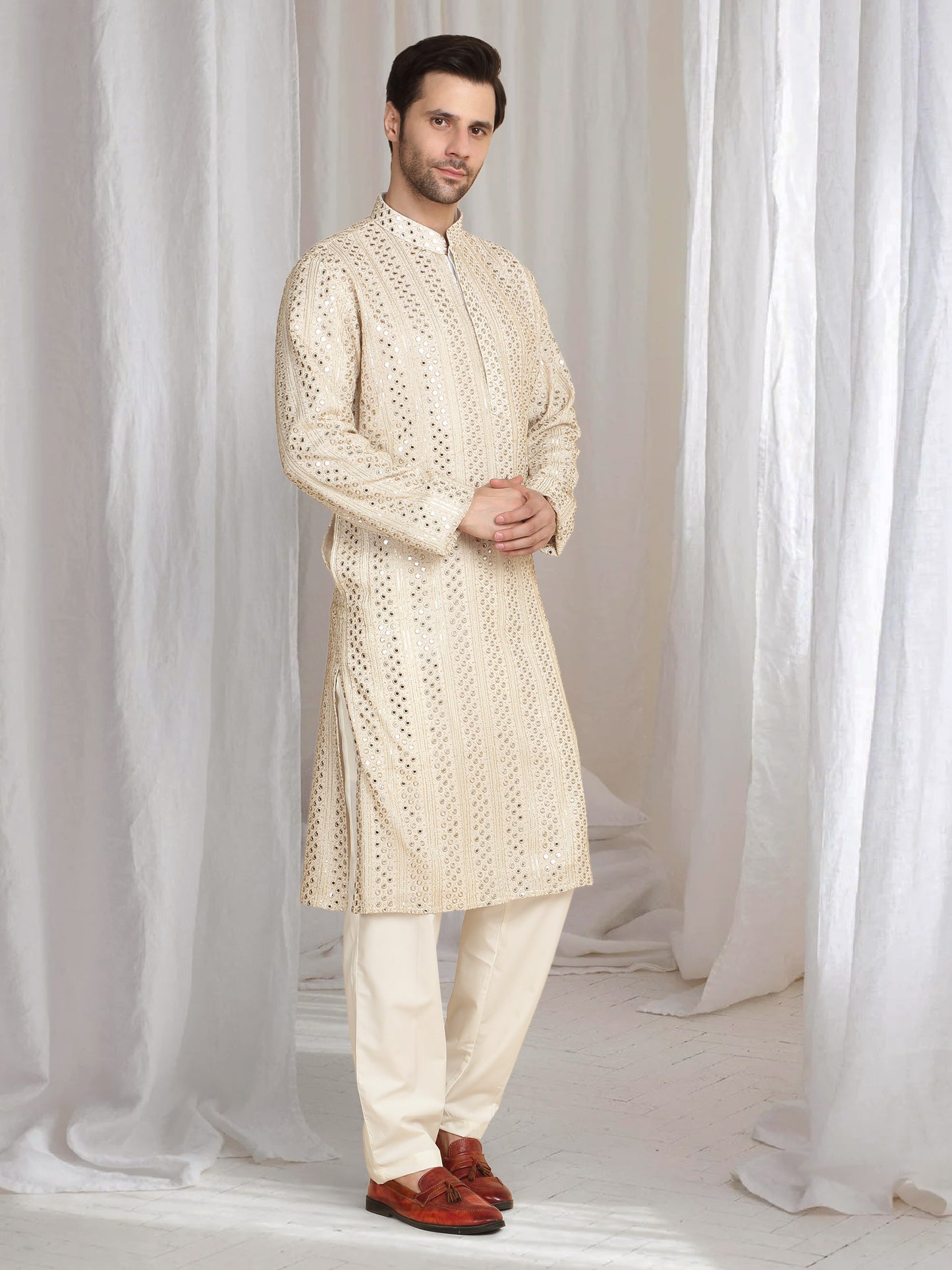 Rajaji Beige Cotton Zari Gold Thread Embroidered Kurta Set