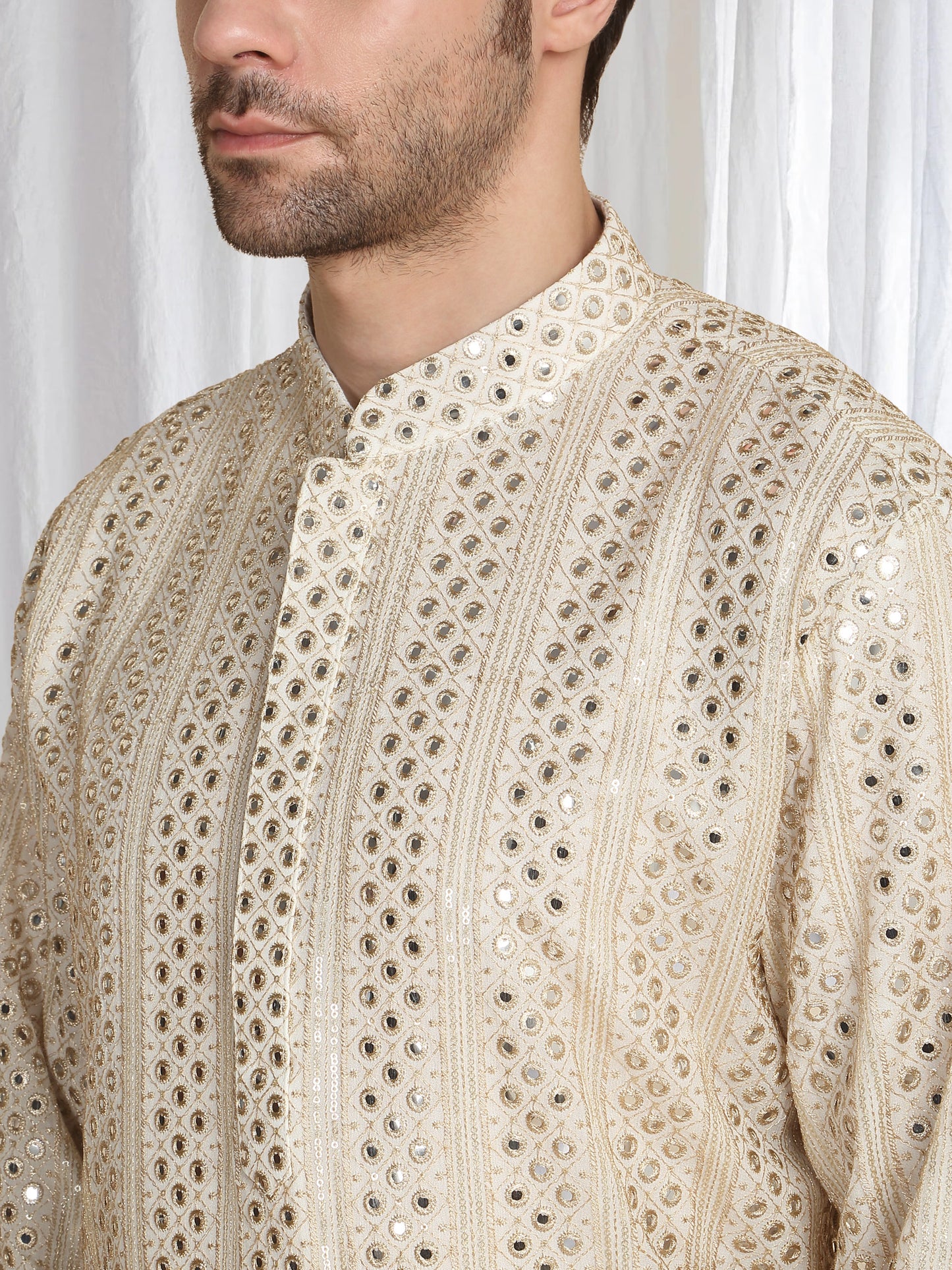 Rajaji Beige Cotton Zari Gold Thread Embroidered Kurta Set