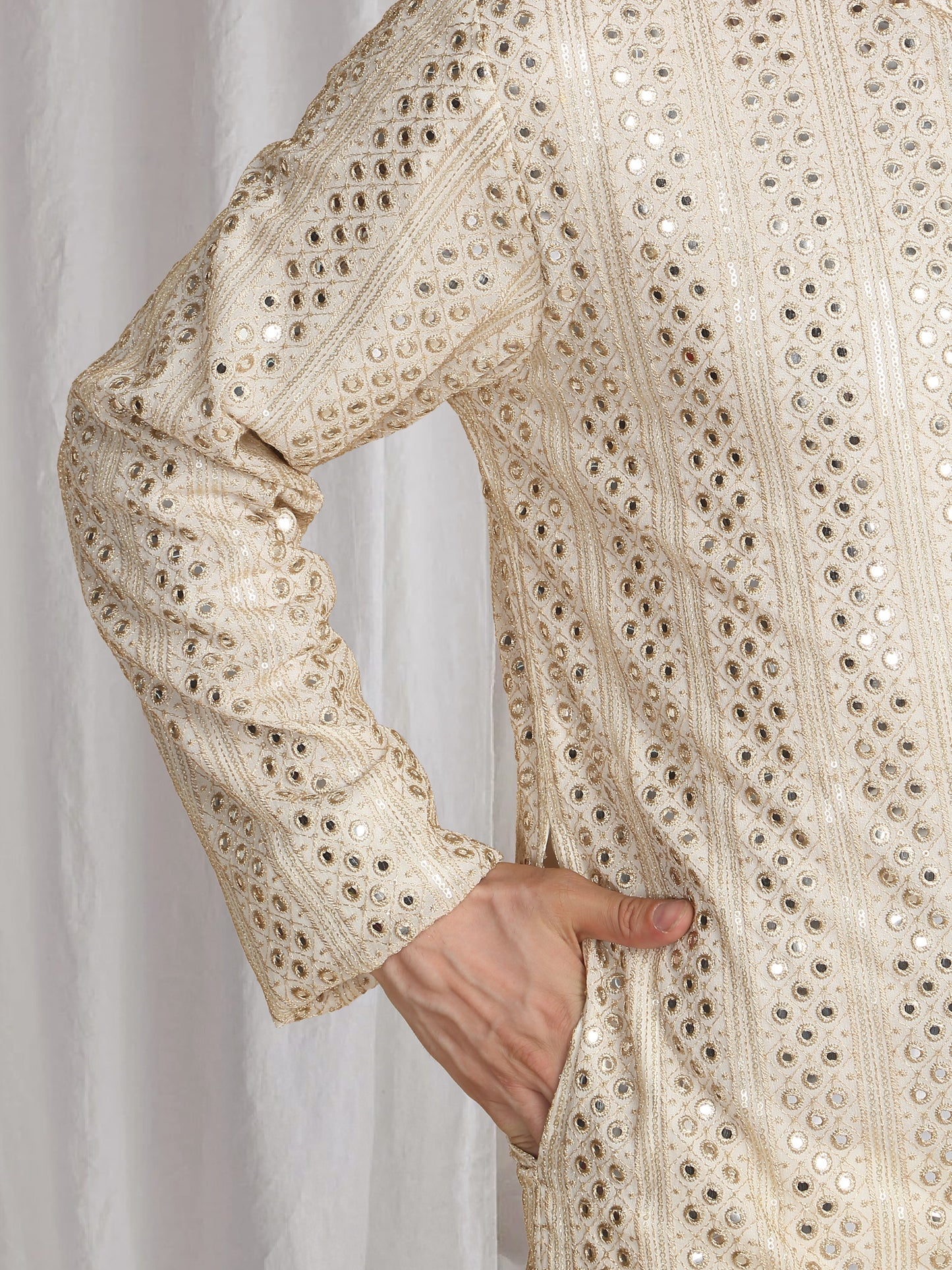 Rajaji Beige Cotton Zari Gold Thread Embroidered Kurta Set