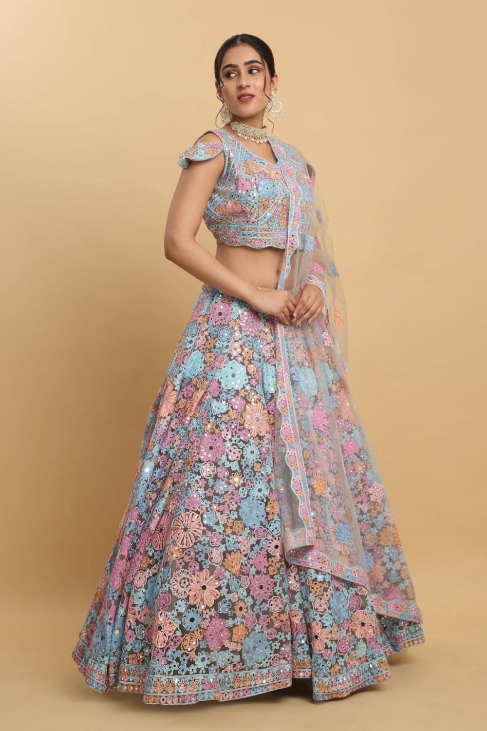 Bahaara  Thread And Mirror Embroidered Layered Lehenga Set