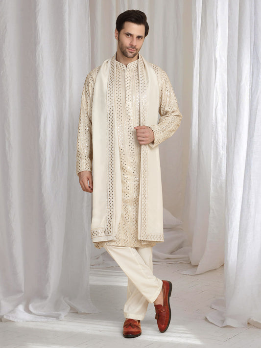 Rajaji Beige Cotton Zari Gold Thread Embroidered Kurta Set