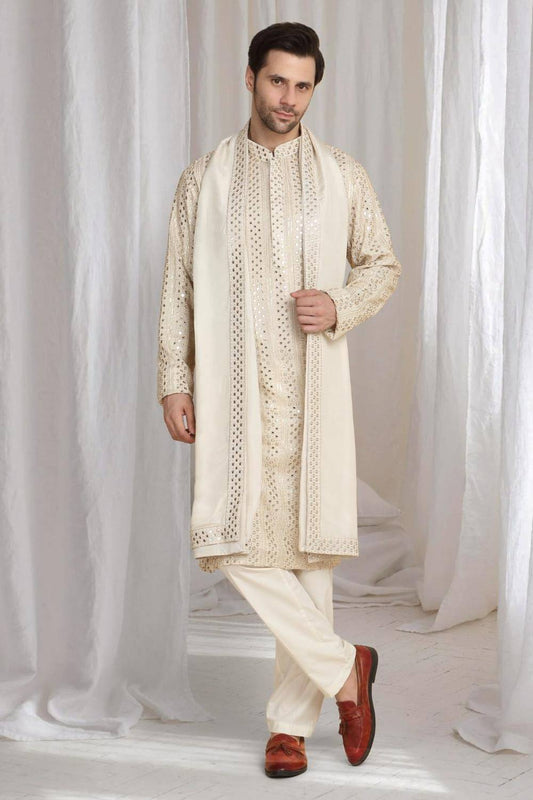 Rajaji Beige Cotton Zari Gold Thread Embroidered Kurta Set