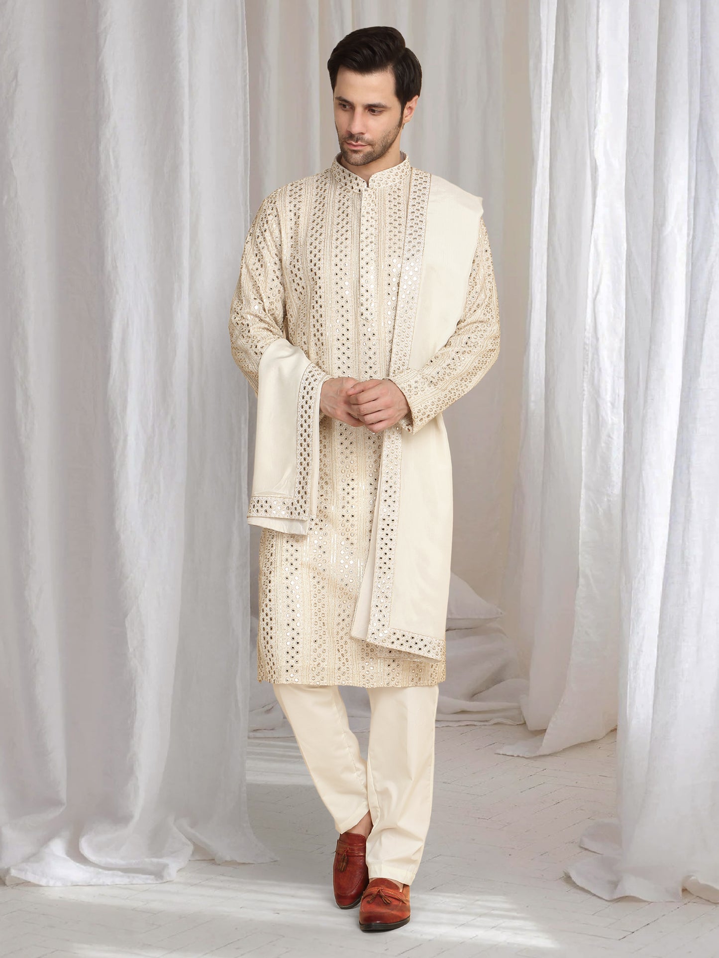 Rajaji Beige Cotton Zari Gold Thread Embroidered Kurta Set