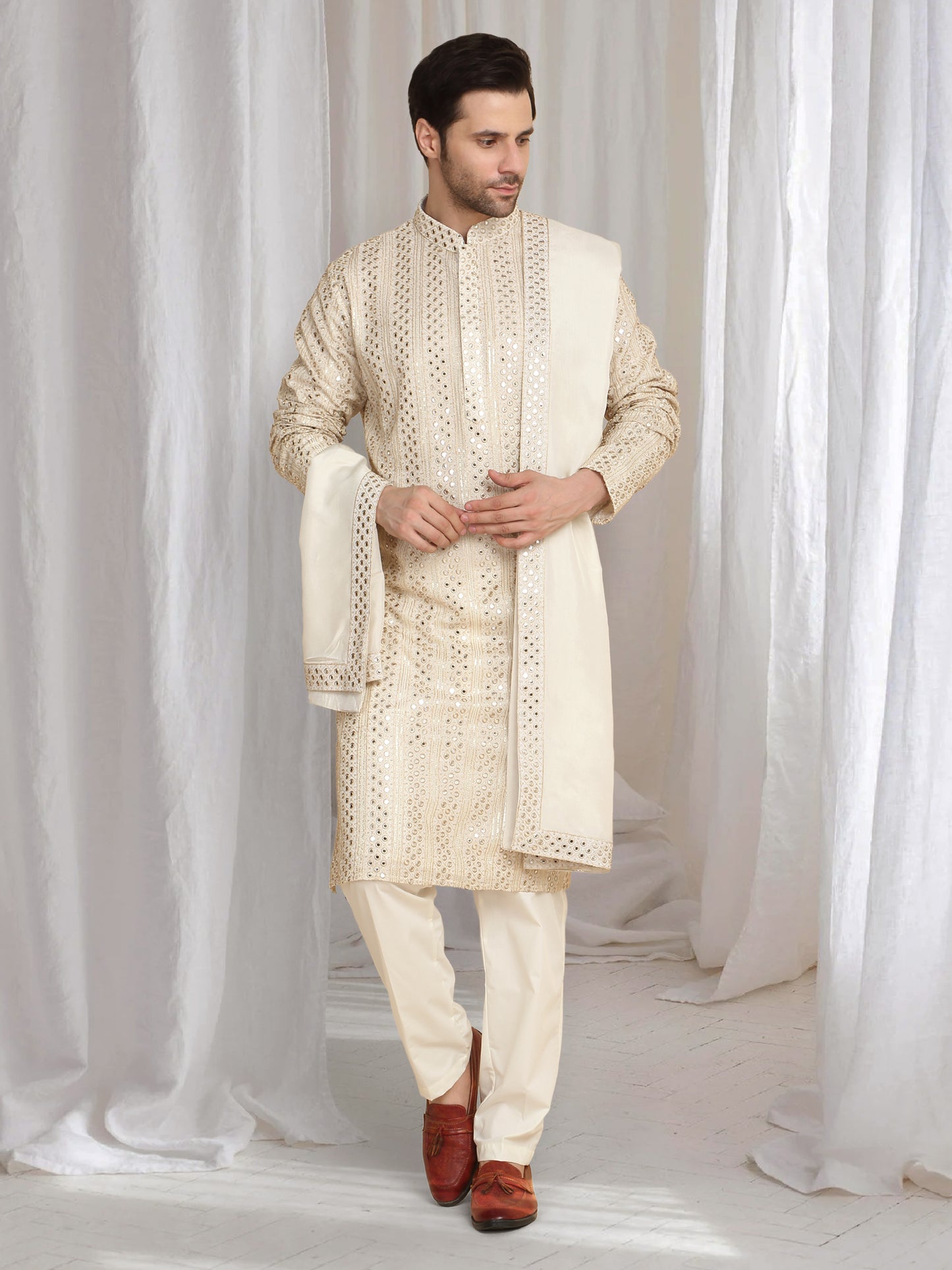 Rajaji Beige Cotton Zari Gold Thread Embroidered Kurta Set