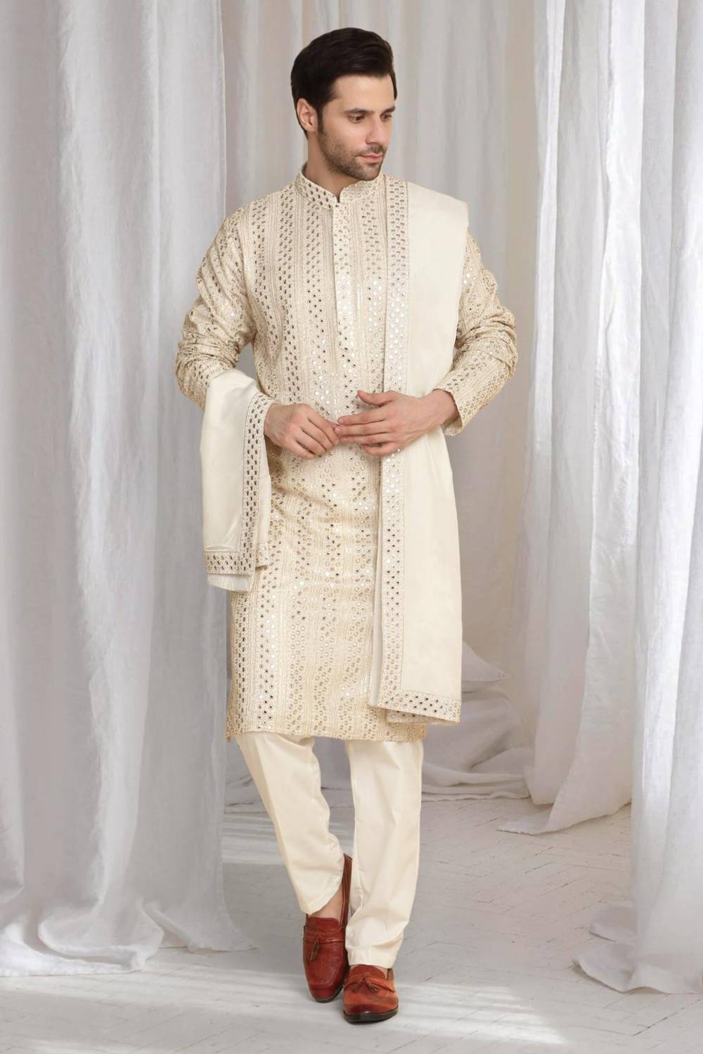 Rajaji Beige Cotton Zari Gold Thread Embroidered Kurta Set