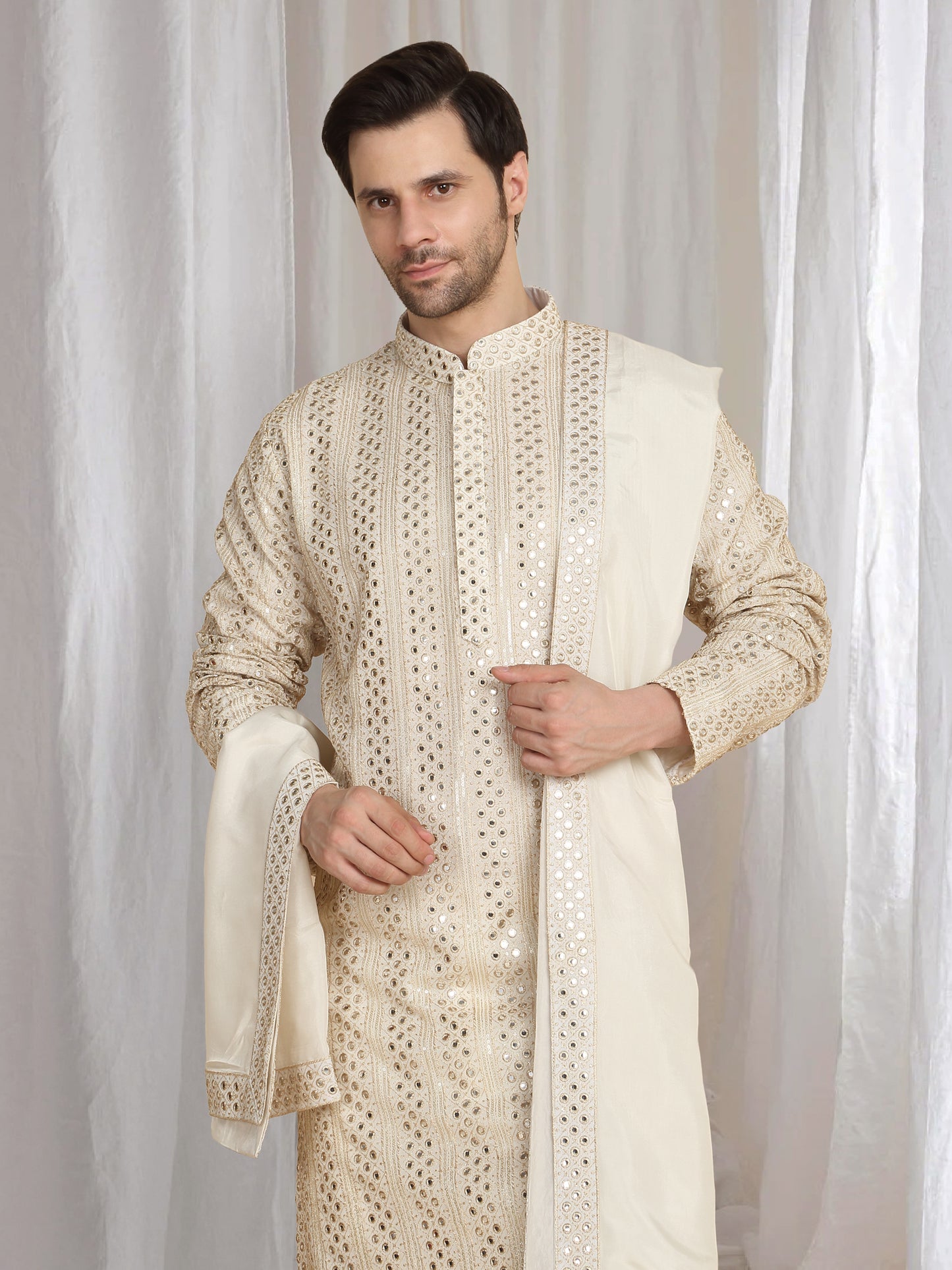 Rajaji Beige Cotton Zari Gold Thread Embroidered Kurta Set