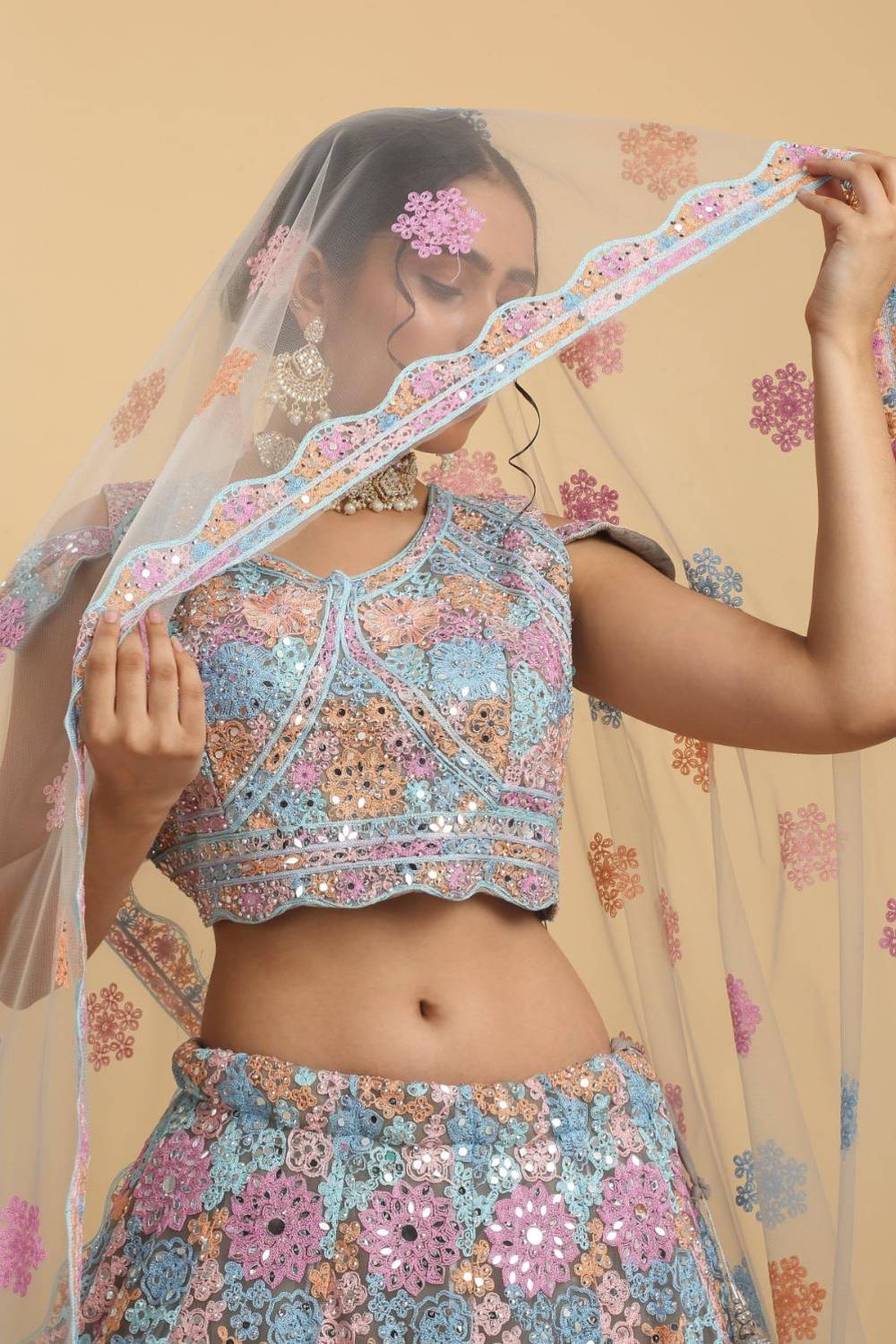 Bahaara  Thread And Mirror Embroidered Layered Lehenga Set