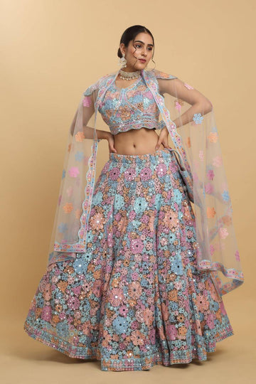 Bahaara  Thread And Mirror Embroidered Layered Lehenga Set