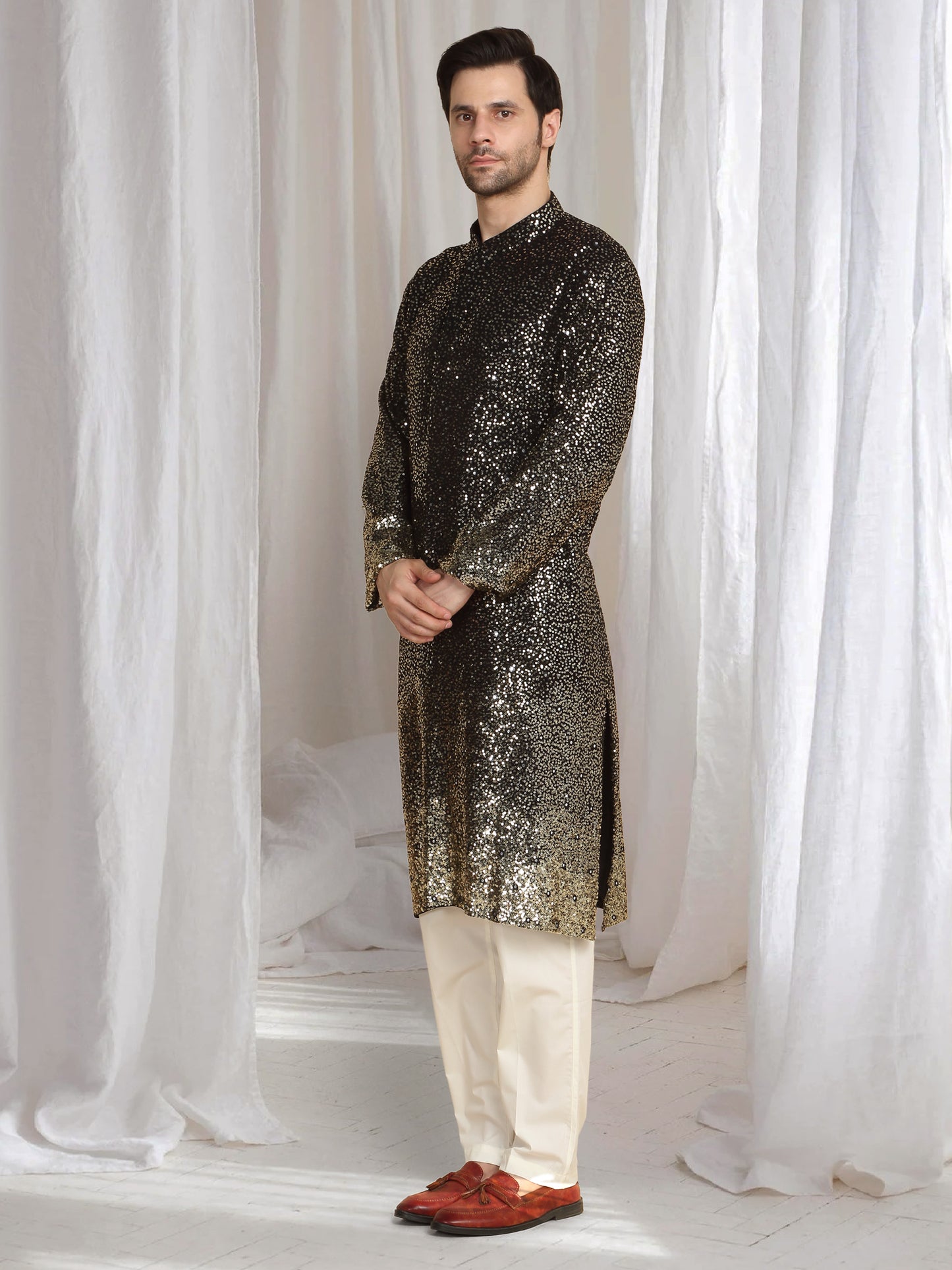 Sequins Ombre Embroidered Kurta Dupatta Set - Black