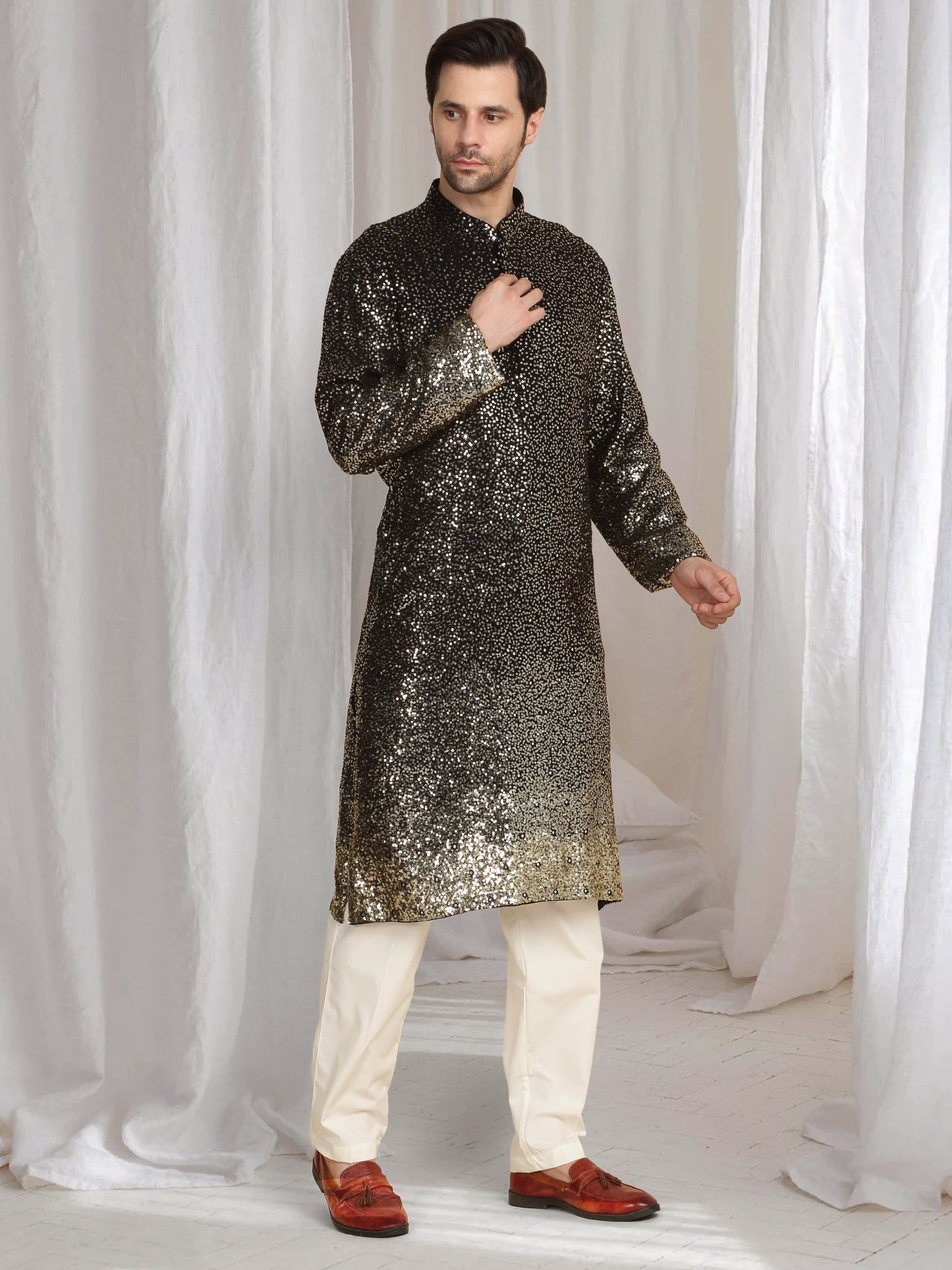 Sequins Ombre Embroidered Kurta Dupatta Set - Black