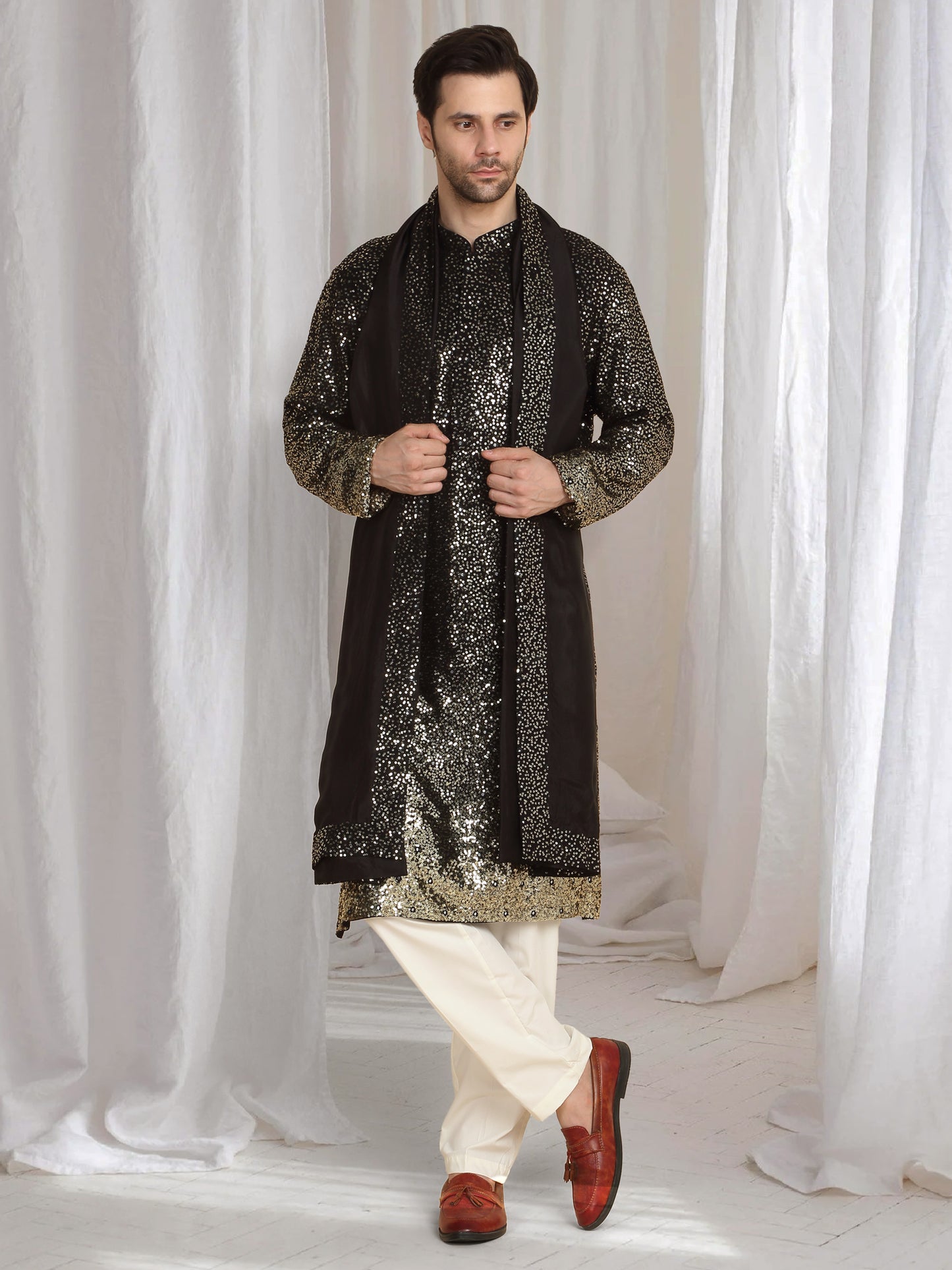Sequins Ombre Embroidered Kurta Dupatta Set - Black