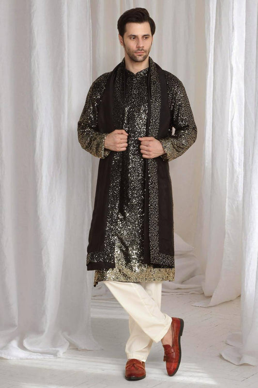Sequins Ombre Embroidered Kurta Dupatta Set - Black