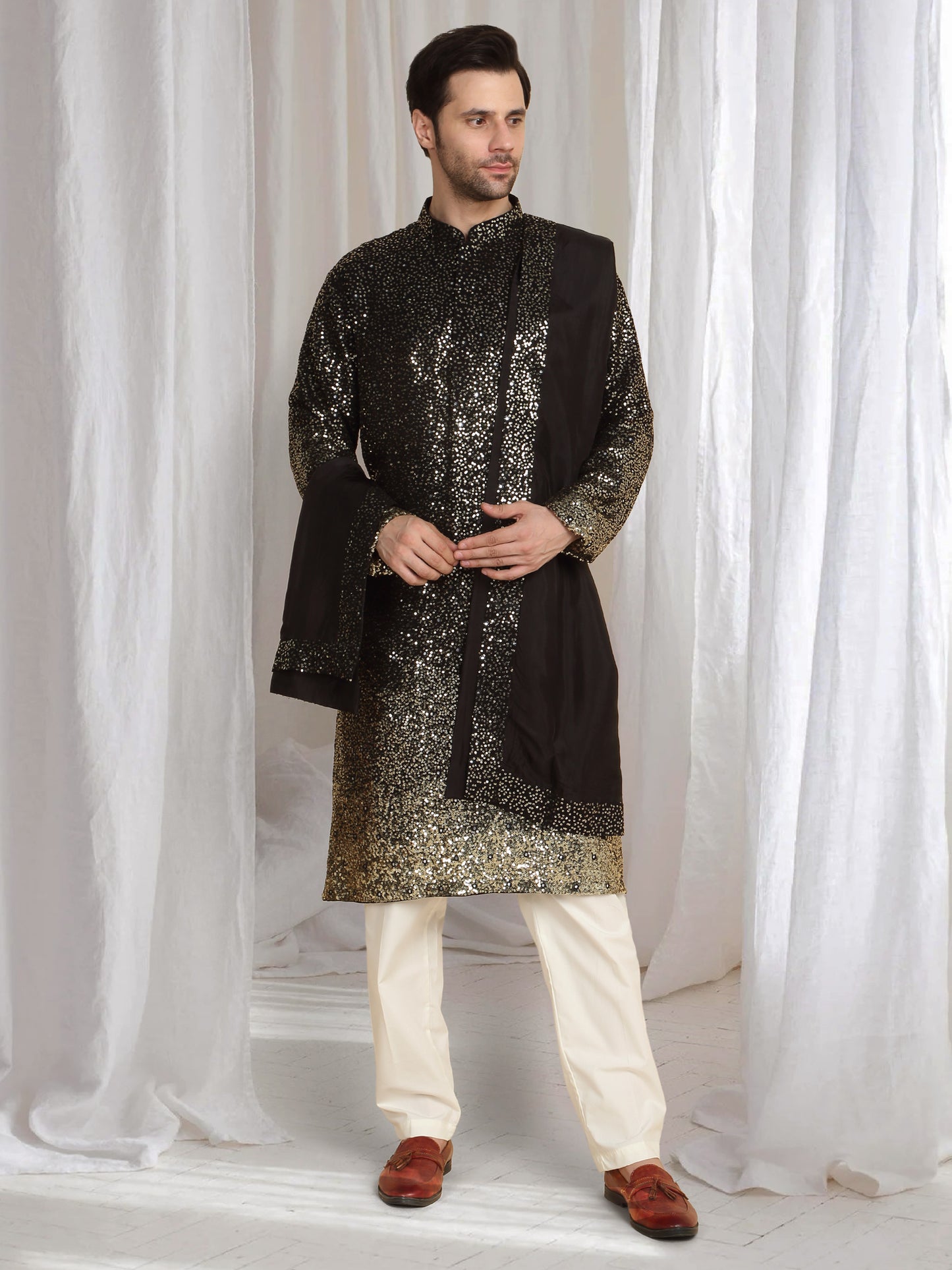 Sequins Ombre Embroidered Kurta Dupatta Set - Black