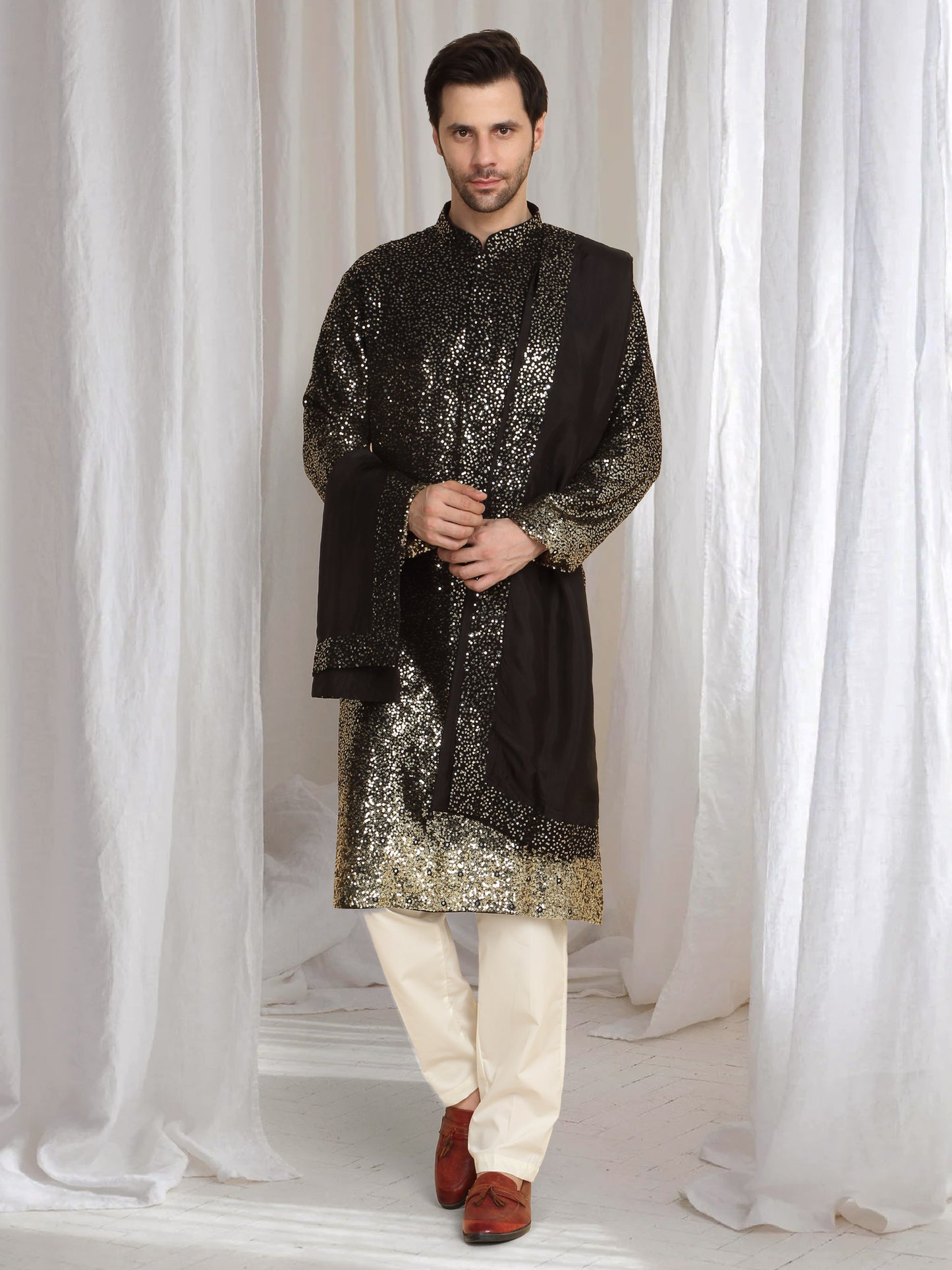 Sequins Ombre Embroidered Kurta Dupatta Set - Black