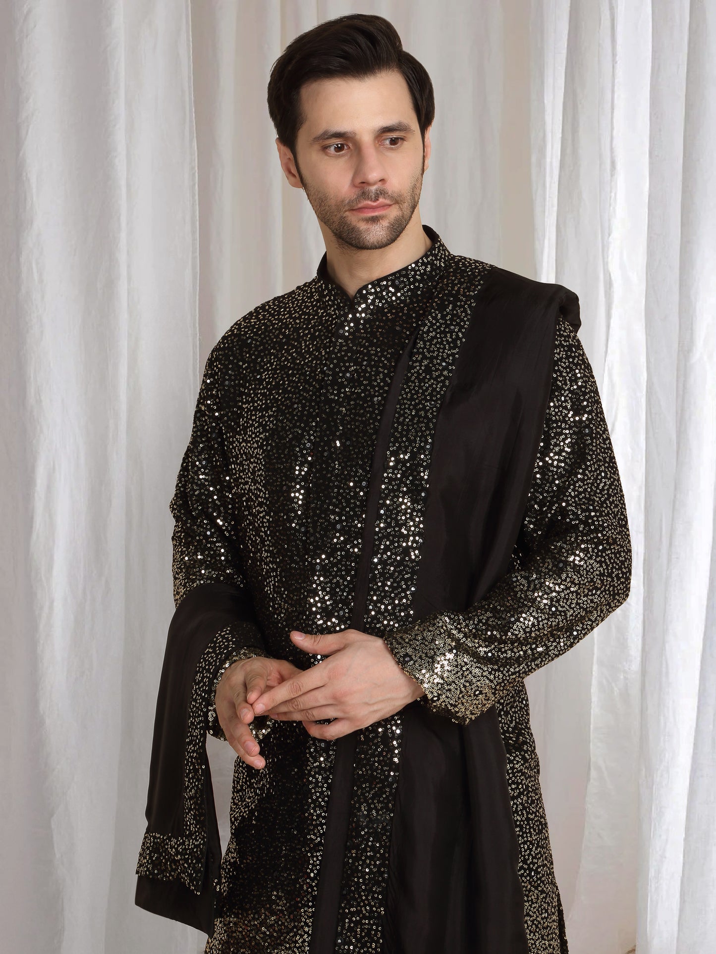 Sequins Ombre Embroidered Kurta Dupatta Set - Black