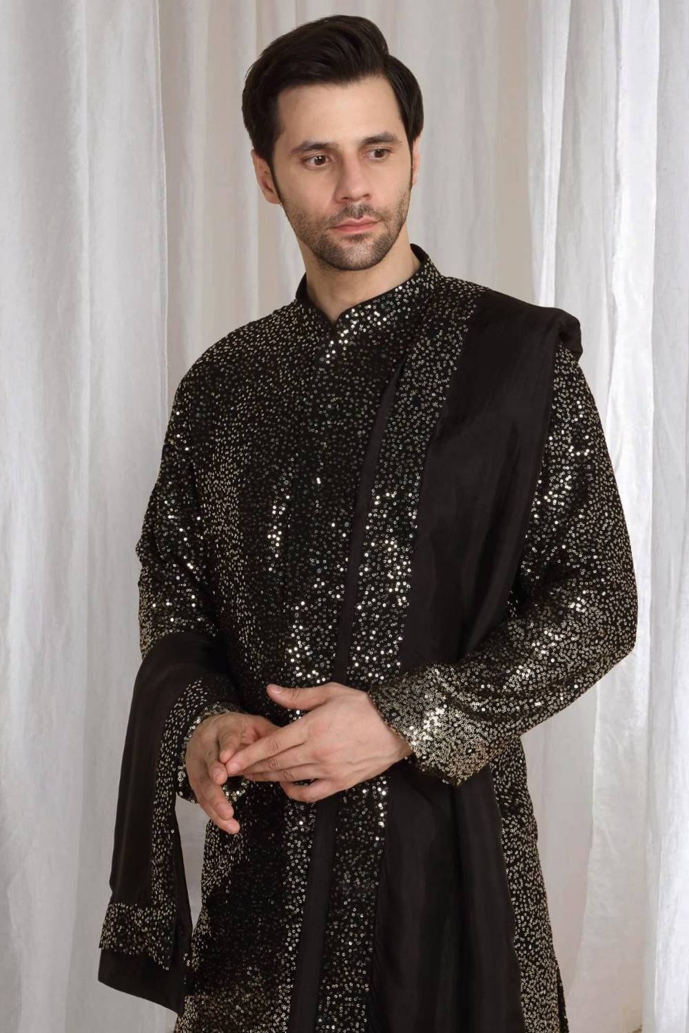 Sequins Ombre Embroidered Kurta Dupatta Set - Black