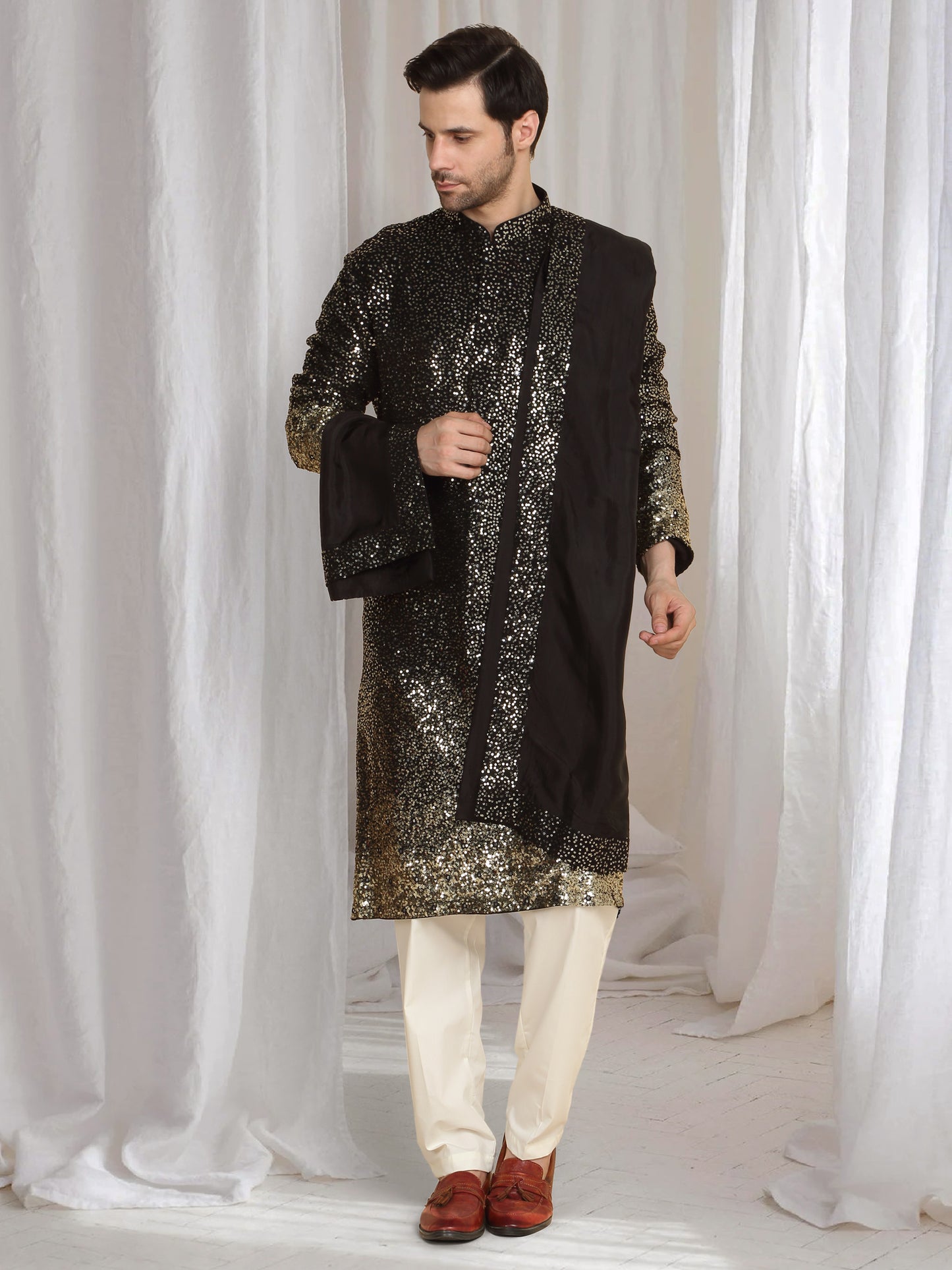 Sequins Ombre Embroidered Kurta Dupatta Set - Black