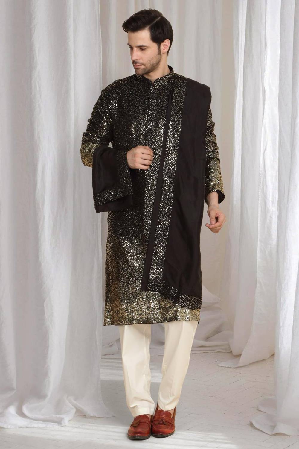 Sequins Ombre Embroidered Kurta Dupatta Set - Black