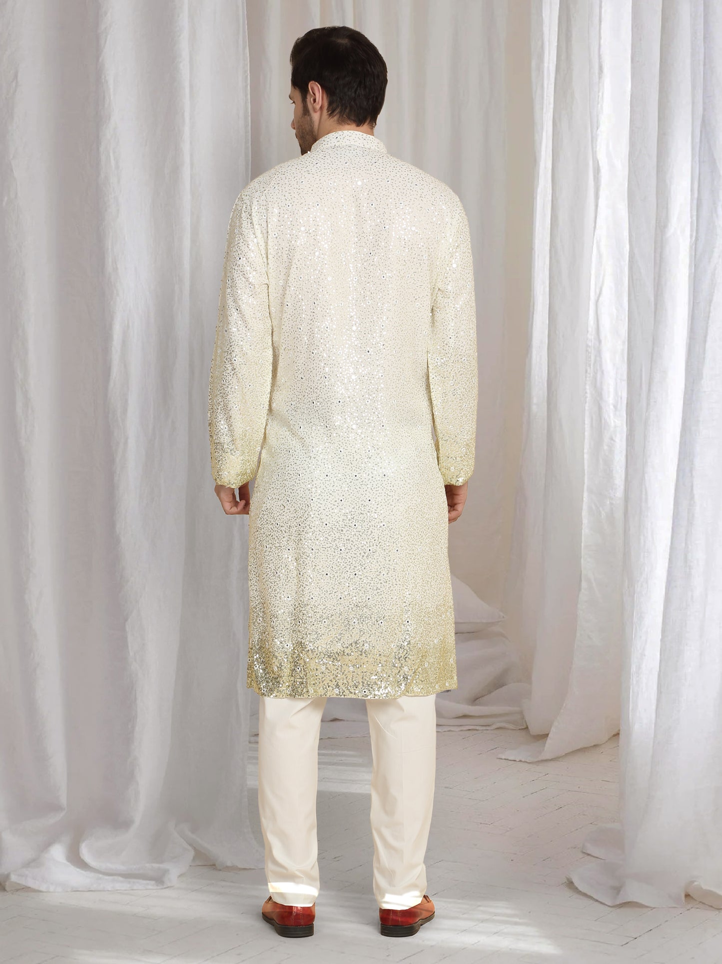 Sequins Ombre Embroidered Kurta Dupatta Set - Cream