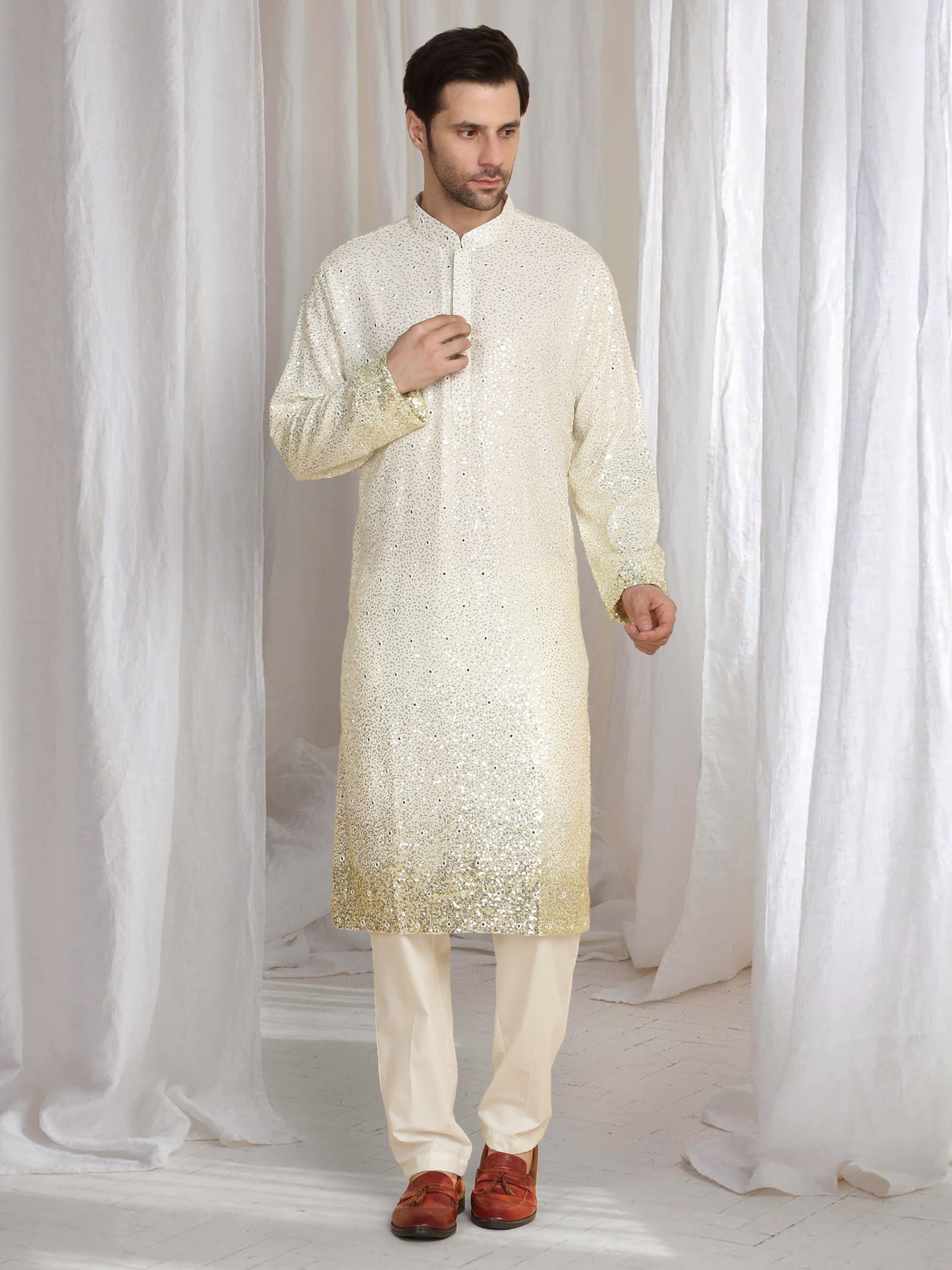 Sequins Ombre Embroidered Kurta Dupatta Set - Cream