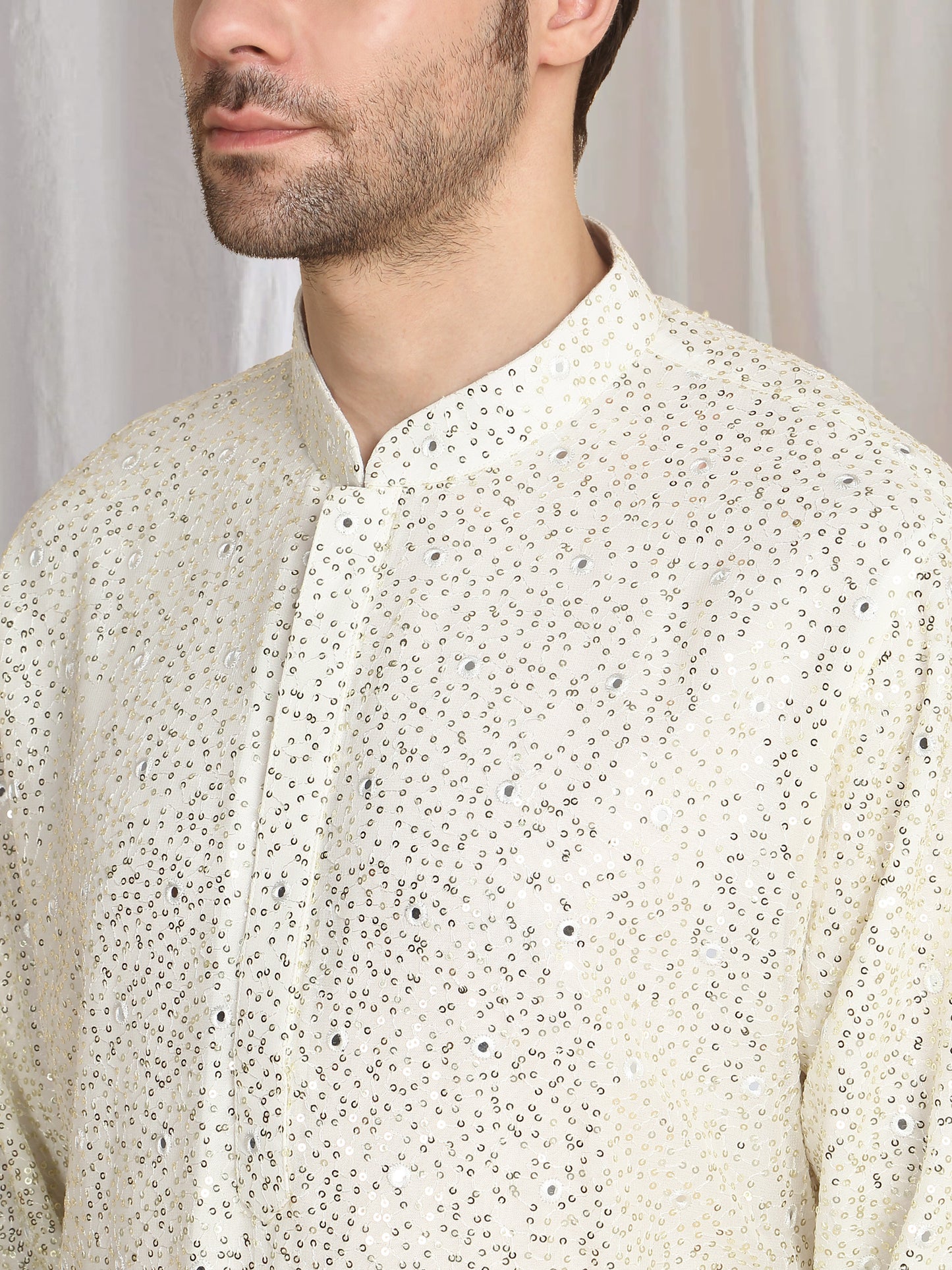 Sequins Ombre Embroidered Kurta Dupatta Set - Cream