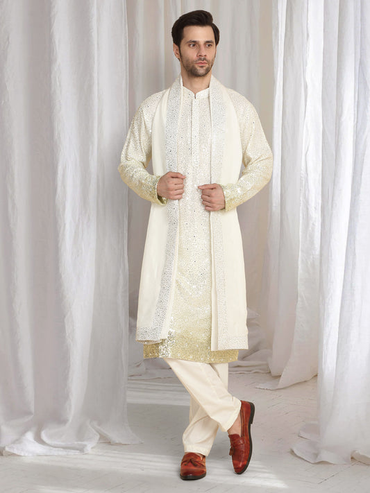 Sequins Ombre Embroidered Kurta Dupatta Set - Cream