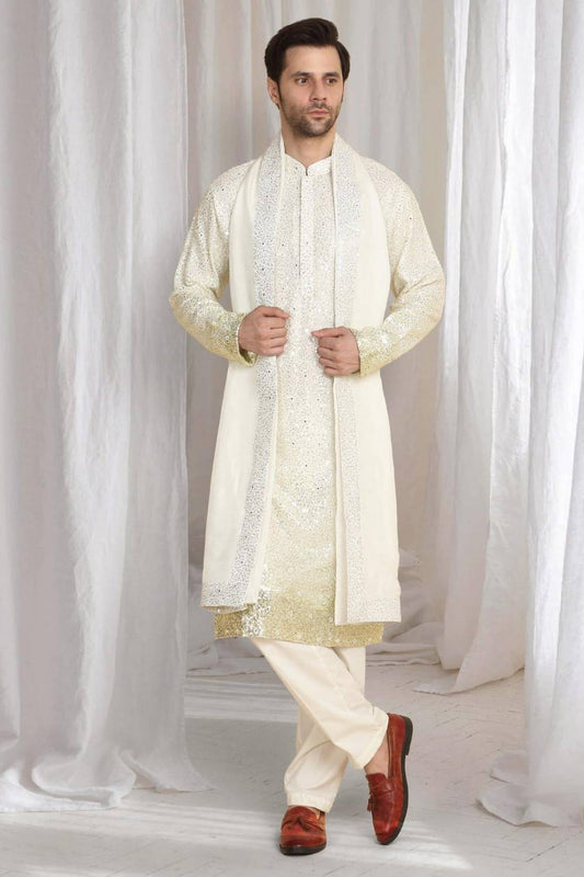 Sequins Ombre Embroidered Kurta Dupatta Set - Cream