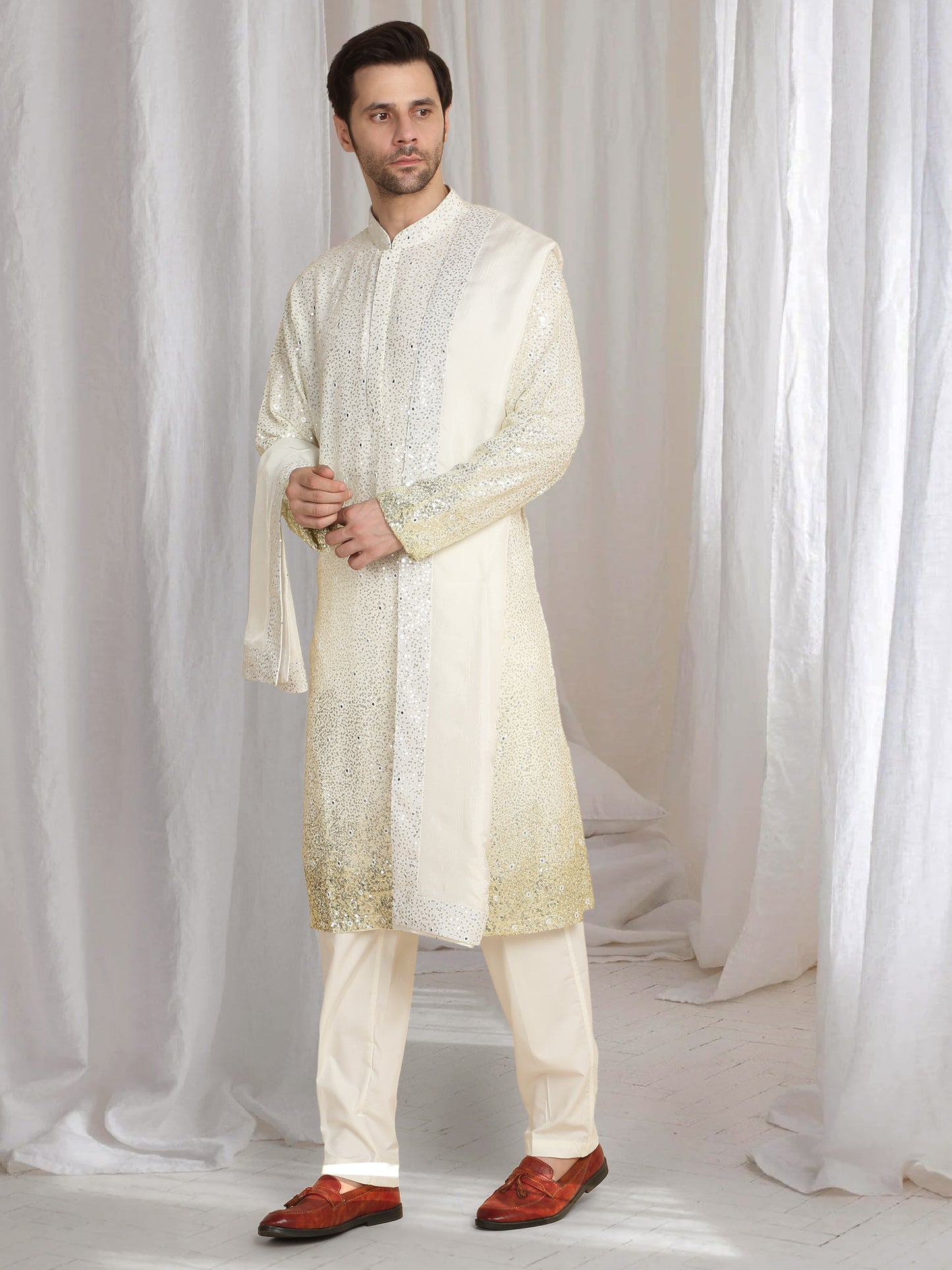 Sequins Ombre Embroidered Kurta Dupatta Set - Cream