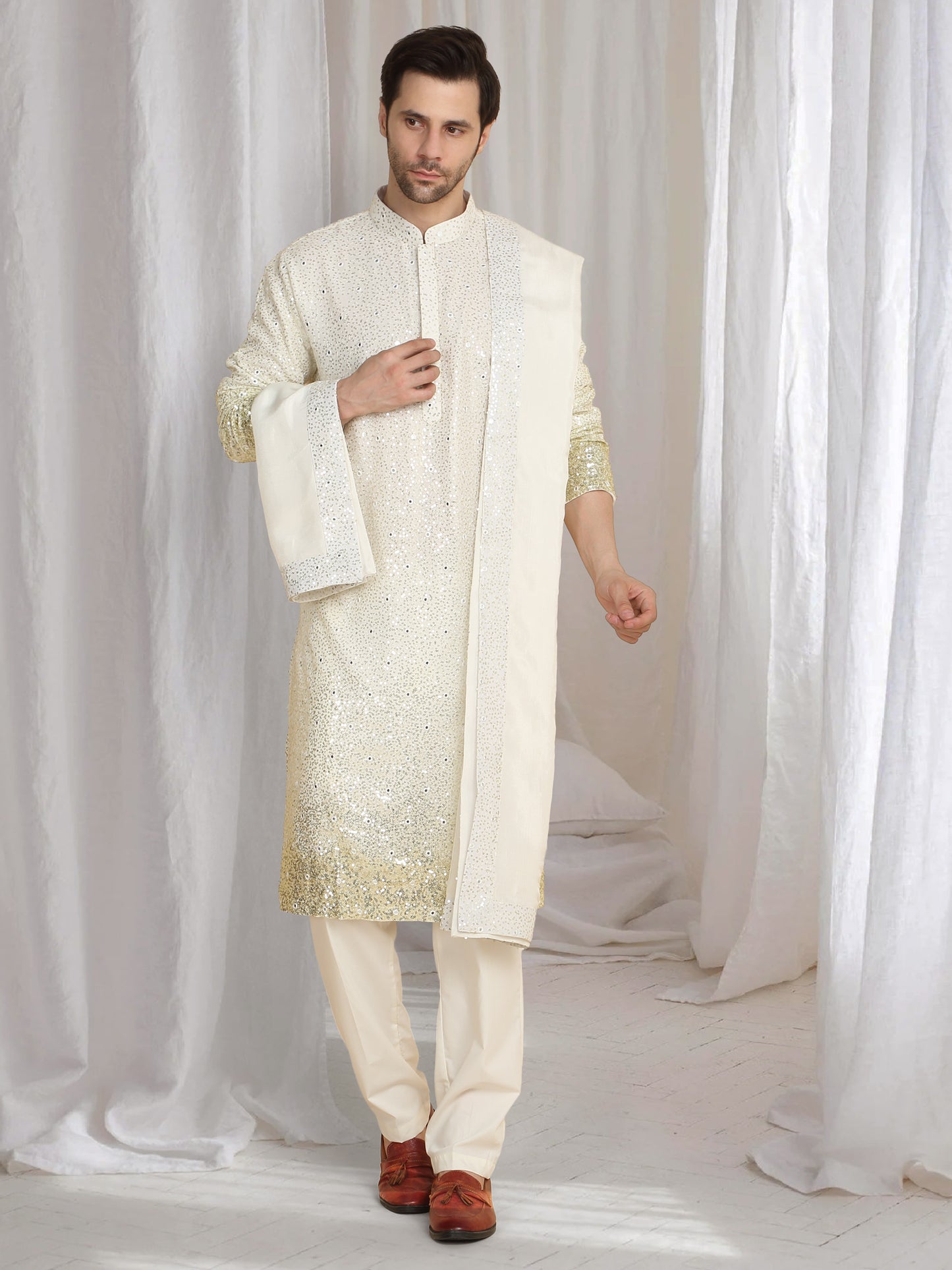 Sequins Ombre Embroidered Kurta Dupatta Set - Cream