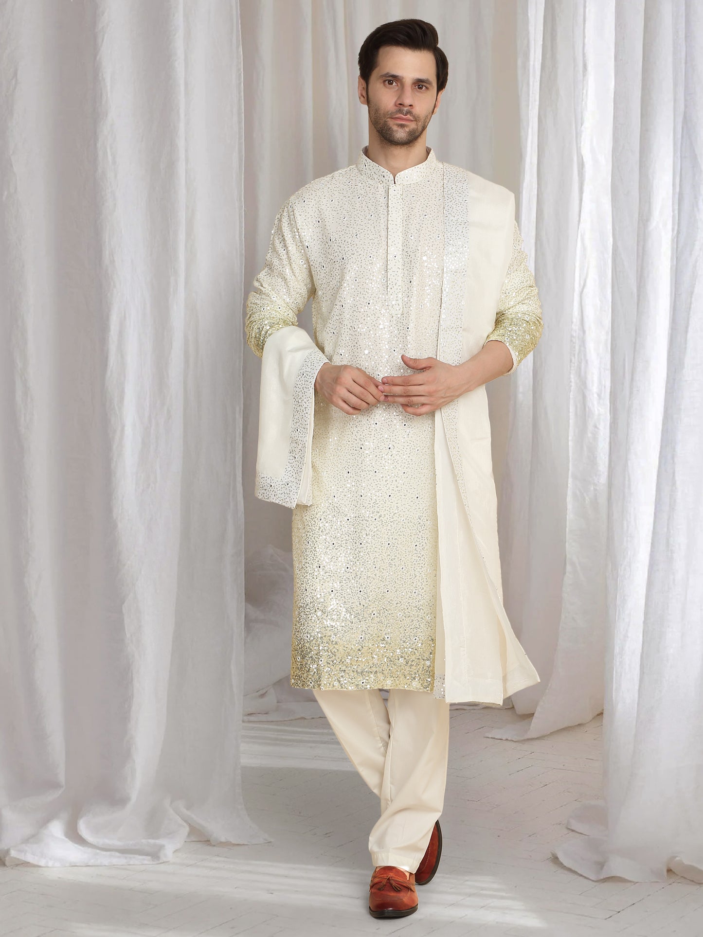 Sequins Ombre Embroidered Kurta Dupatta Set - Cream