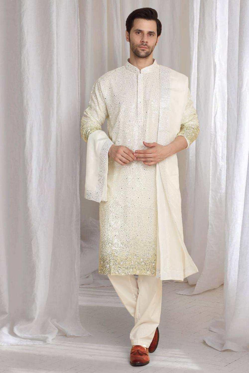 Sequins Ombre Embroidered Kurta Dupatta Set - Cream