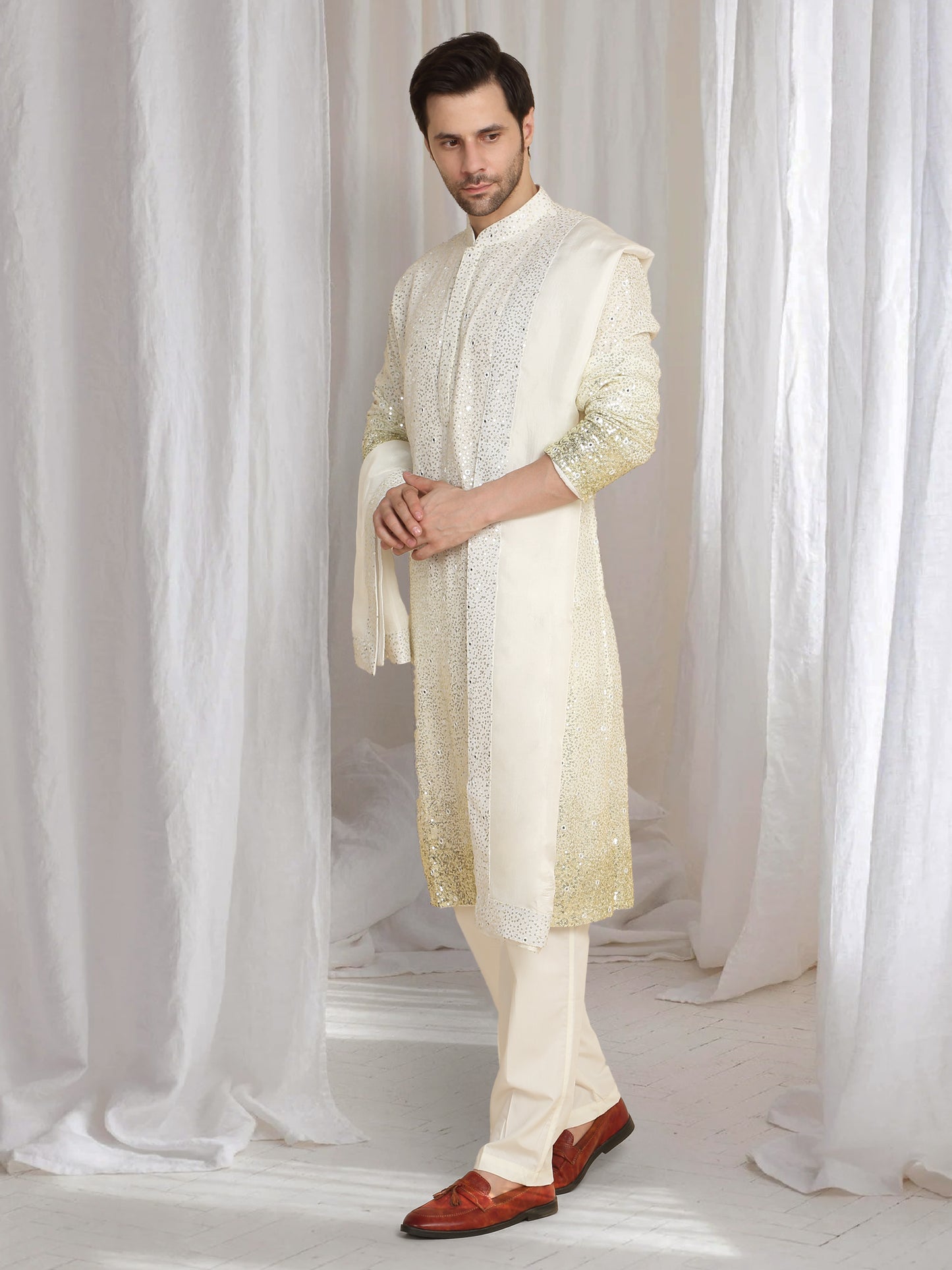 Sequins Ombre Embroidered Kurta Dupatta Set - Cream