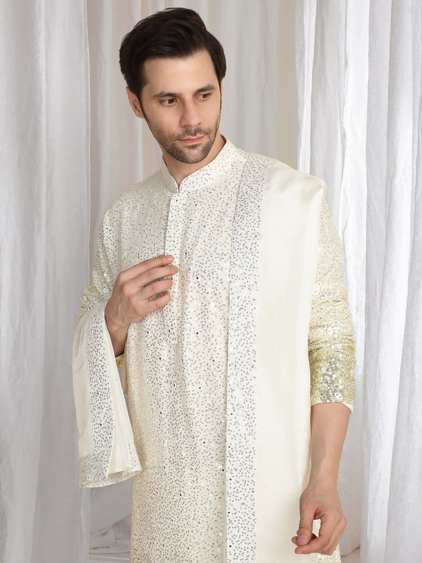 Sequins Ombre Embroidered Kurta Dupatta Set - Cream