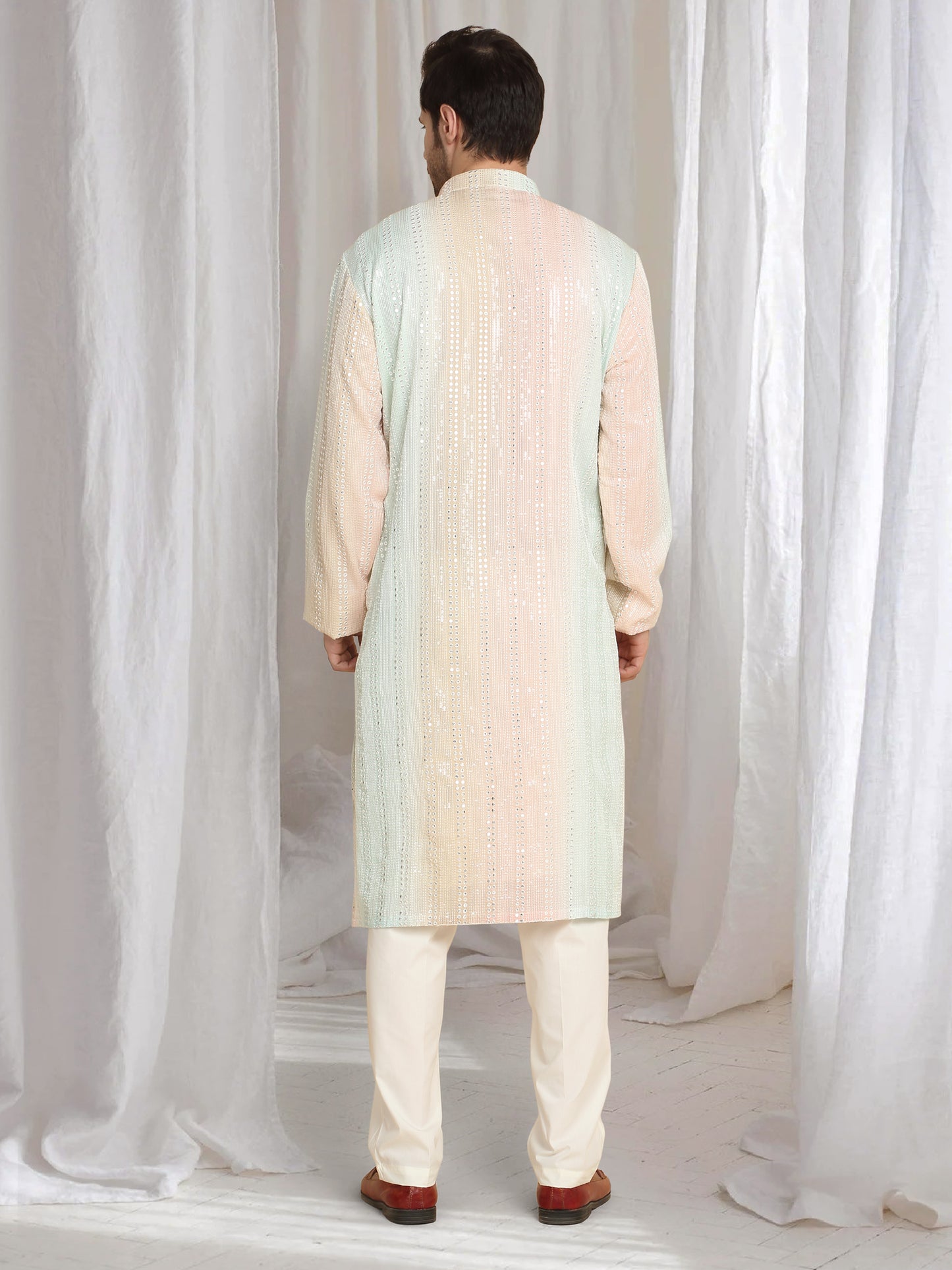 Ambar Ombre Embroidered Kurta Dupatta Set - Coral Sea Green