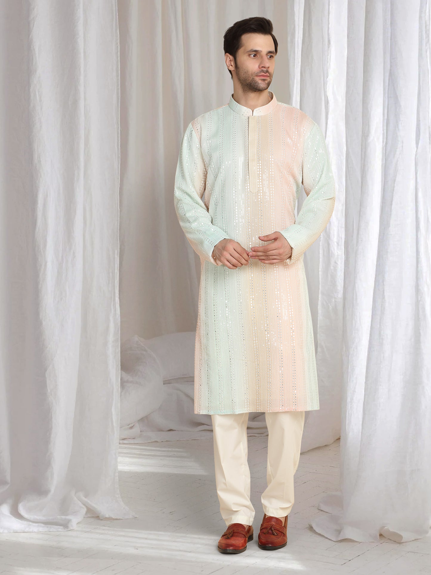 Ambar Ombre Embroidered Kurta Dupatta Set - Coral Sea Green