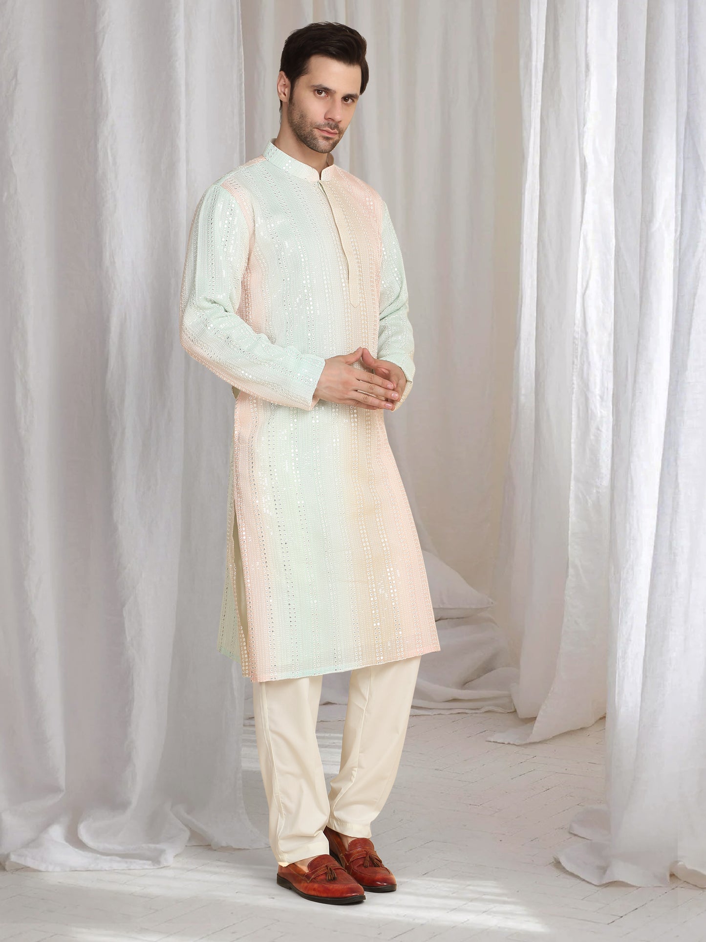 Ambar Ombre Embroidered Kurta Dupatta Set - Coral Sea Green