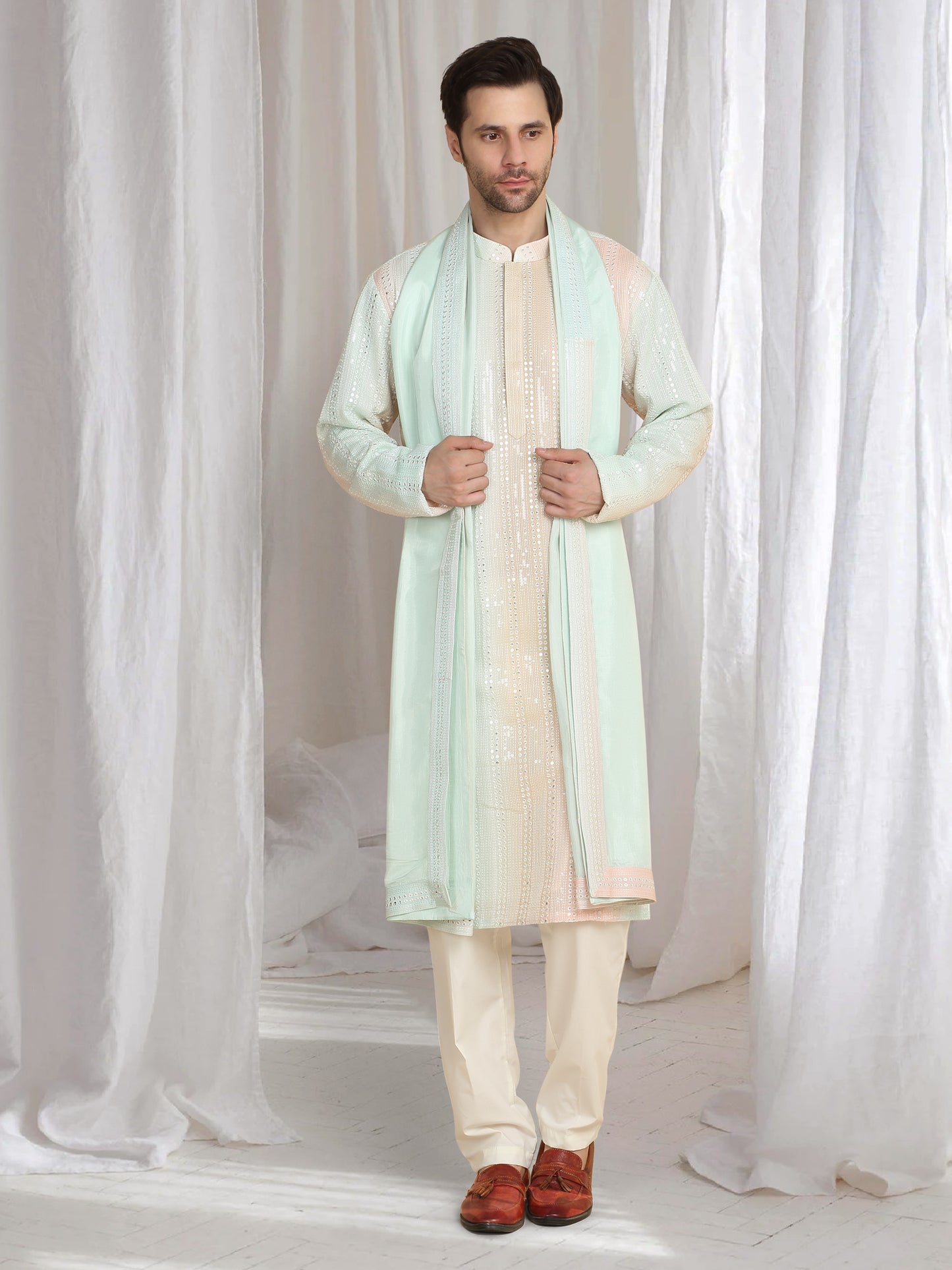 Ambar Ombre Embroidered Kurta Dupatta Set - Coral Sea Green