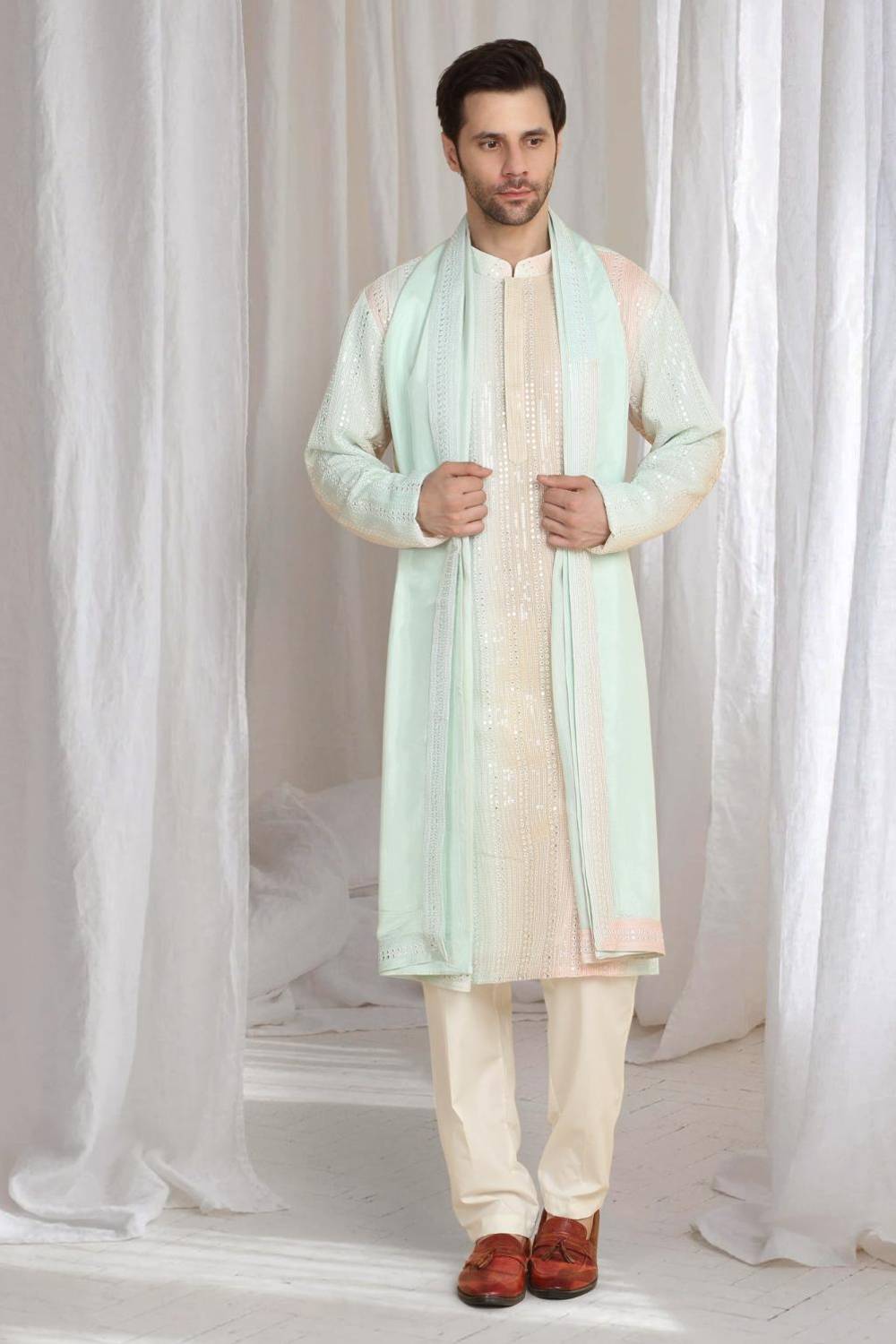 Ambar Ombre Embroidered Kurta Dupatta Set - Coral Sea Green