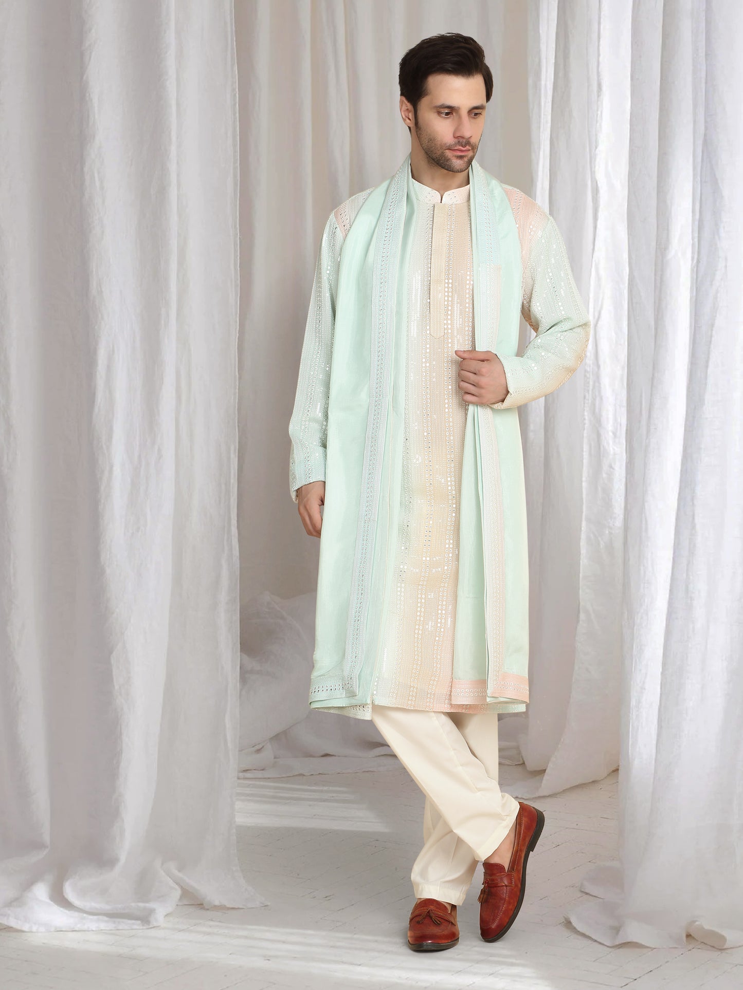 Ambar Ombre Embroidered Kurta Dupatta Set - Coral Sea Green