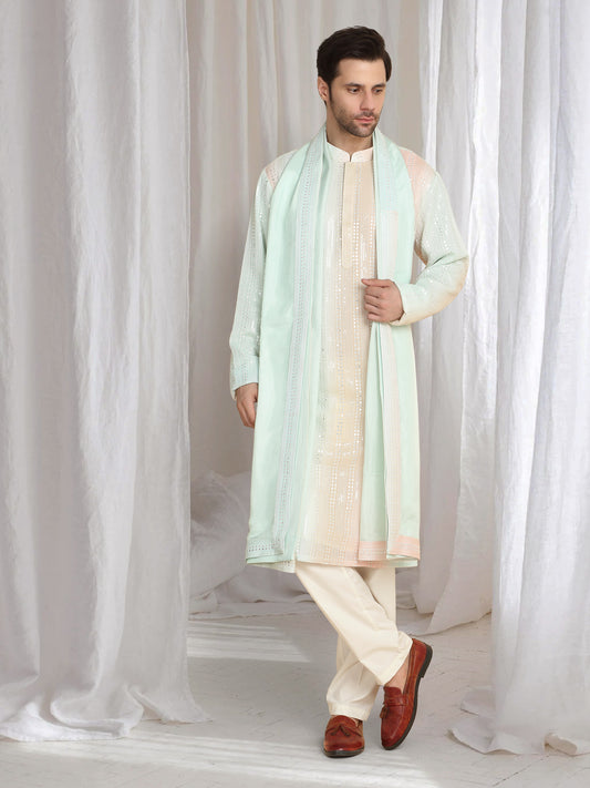 Ambar Ombre Embroidered Kurta Dupatta Set - Coral Sea Green