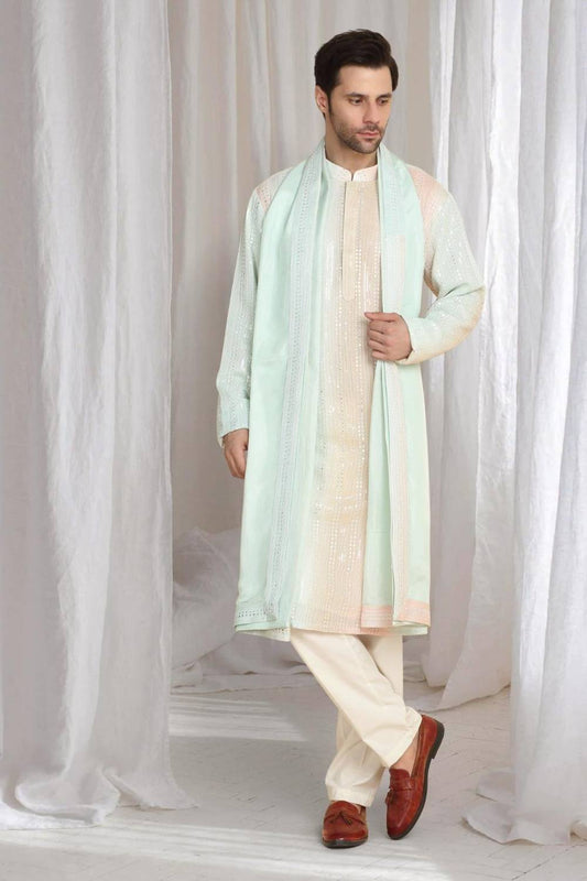 Ambar Ombre Embroidered Kurta Dupatta Set - Coral Sea Green