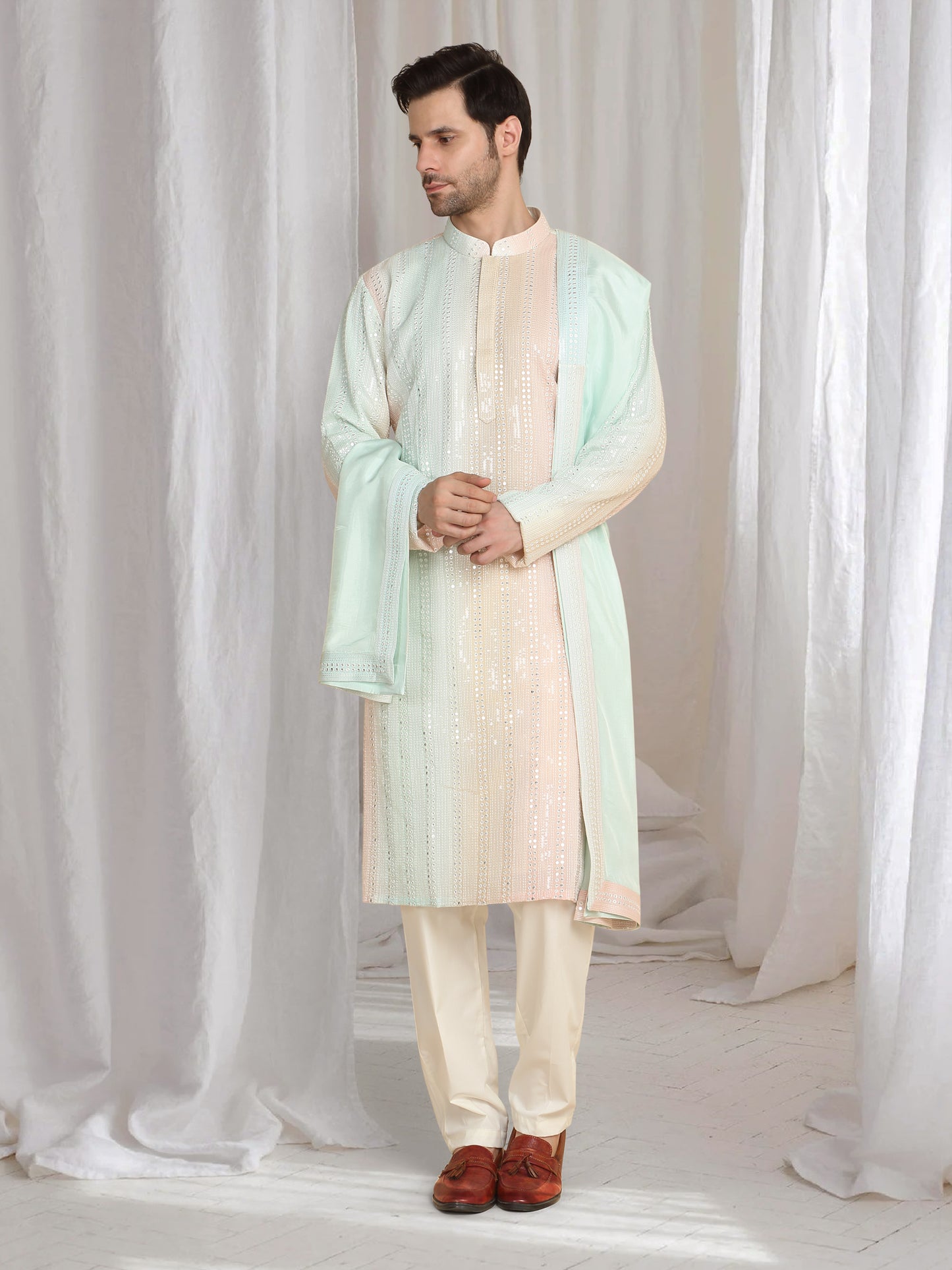 Ambar Ombre Embroidered Kurta Dupatta Set - Coral Sea Green