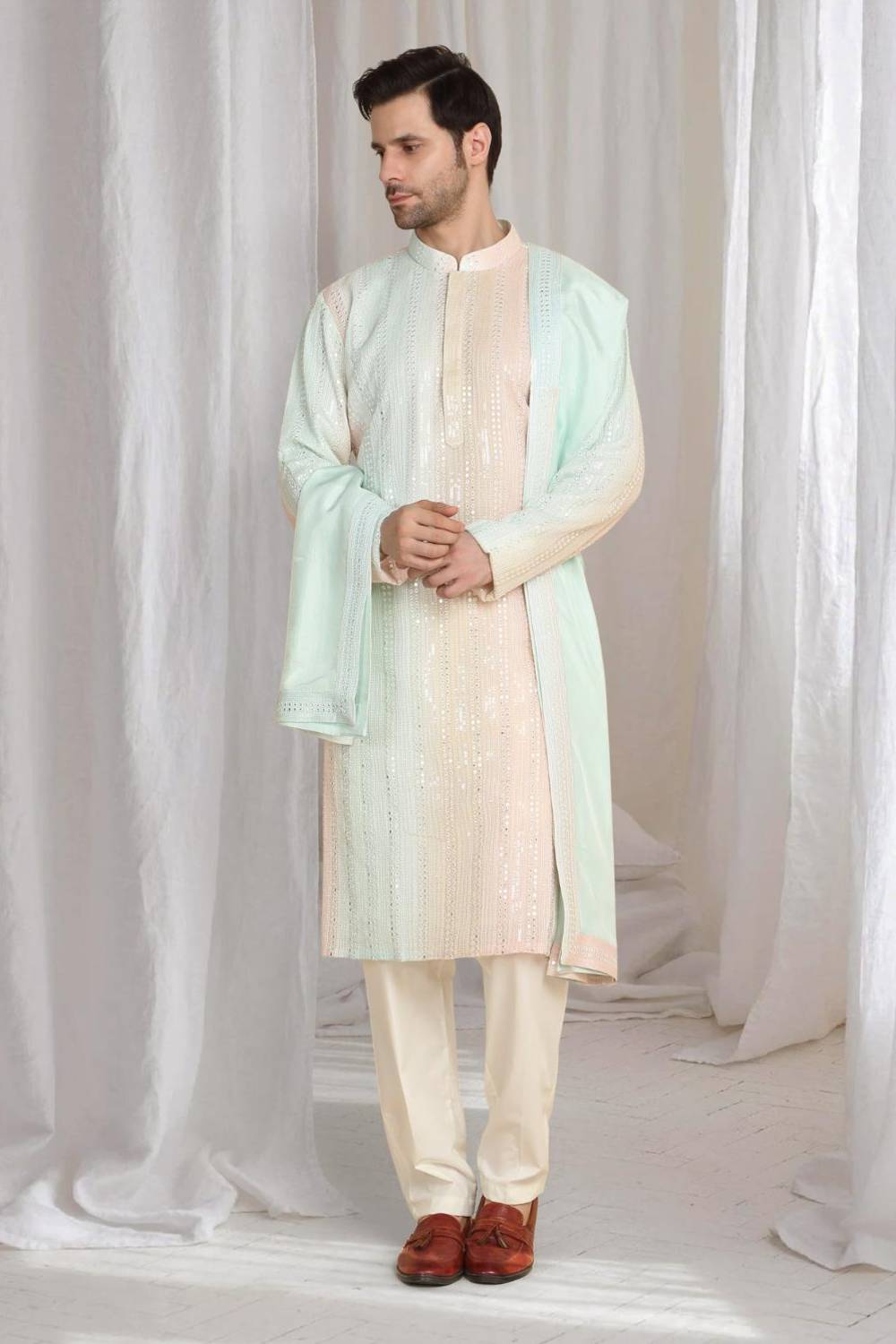 Ambar Ombre Embroidered Kurta Dupatta Set - Coral Sea Green