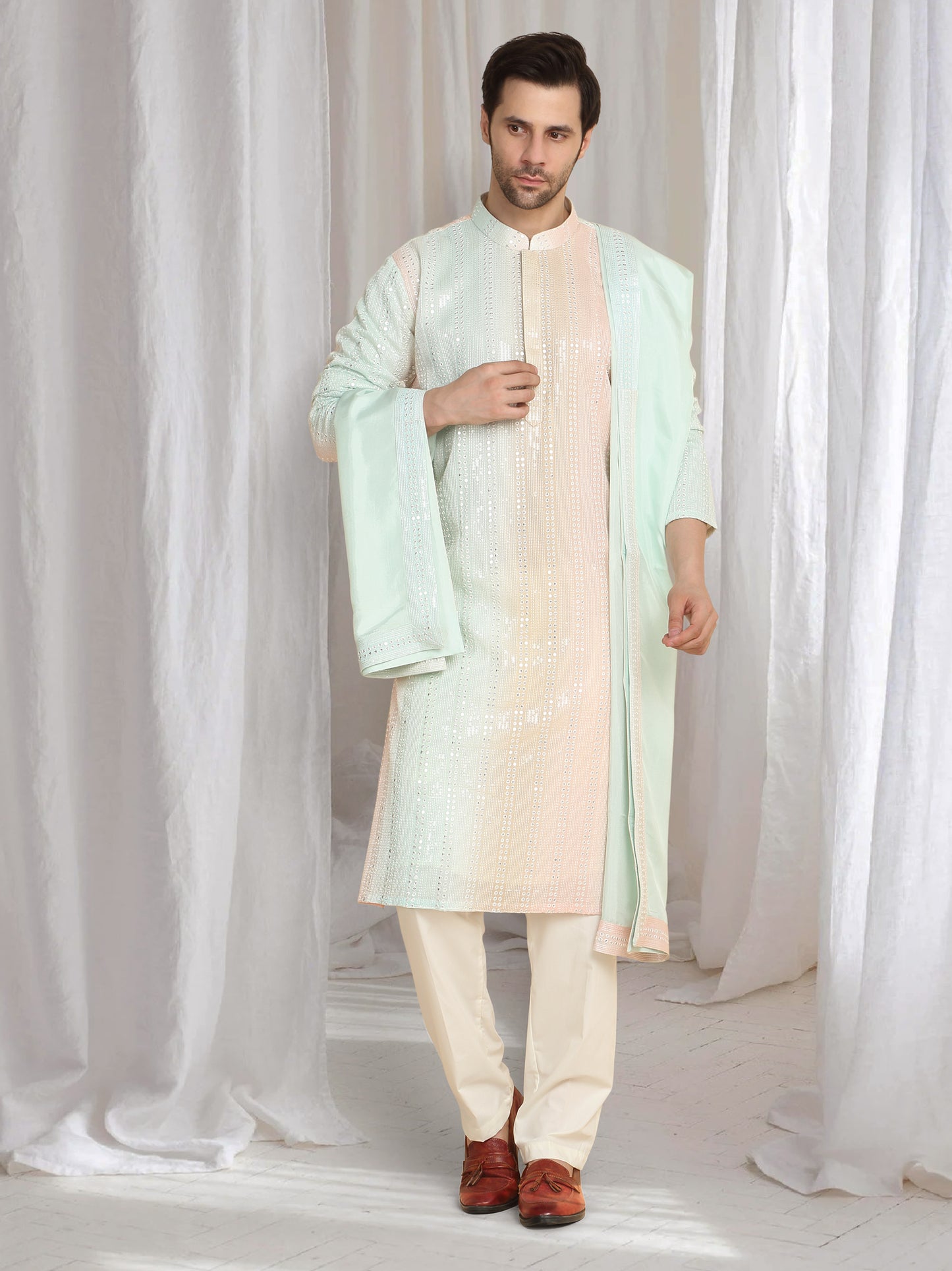 Ambar Ombre Embroidered Kurta Dupatta Set - Coral Sea Green